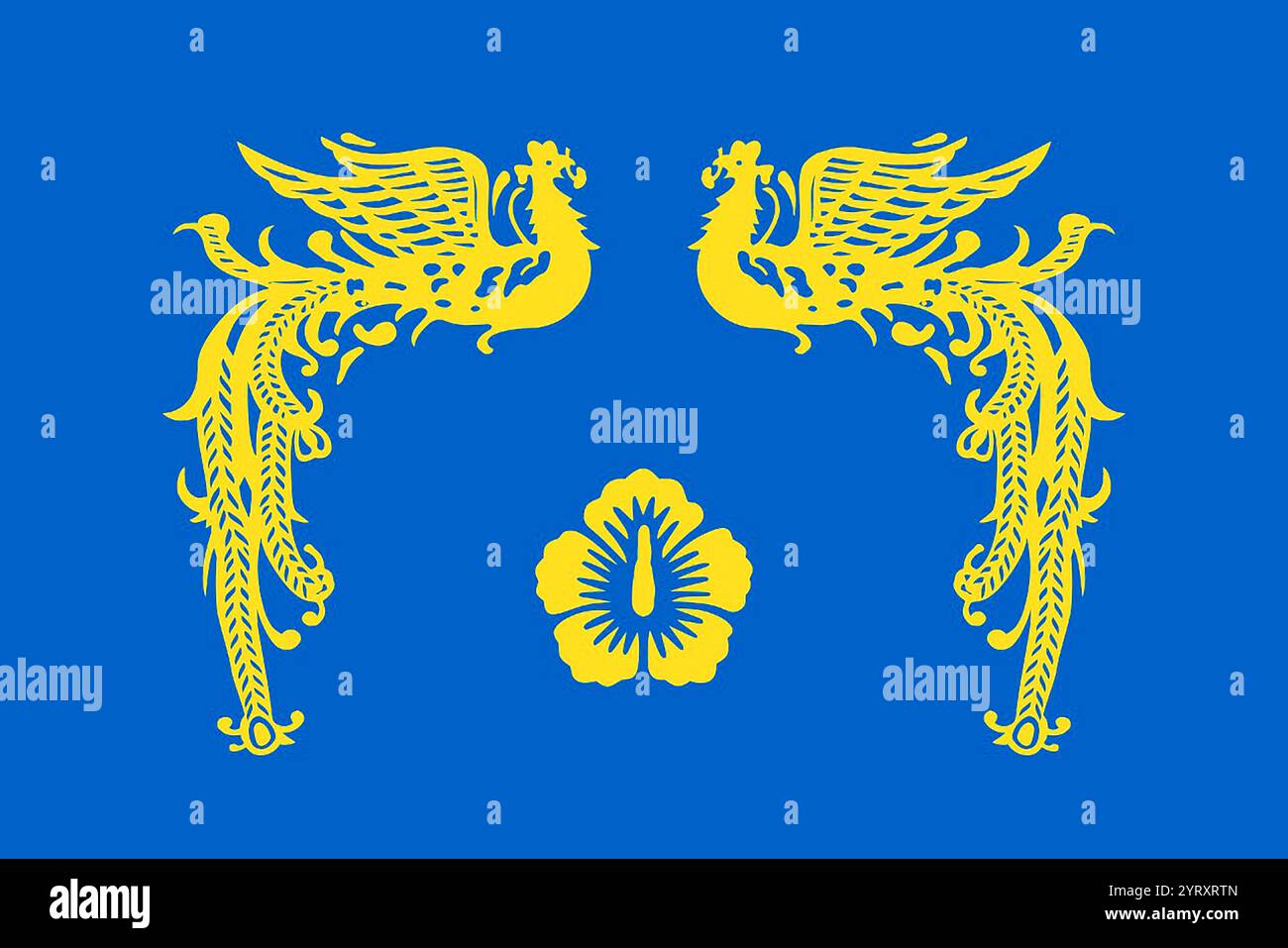 La bandiera del presidente della Corea del Sud contiene due Phoenix che prendono sotto le loro ali l'Hibiscus syriacus d'oro Foto Stock