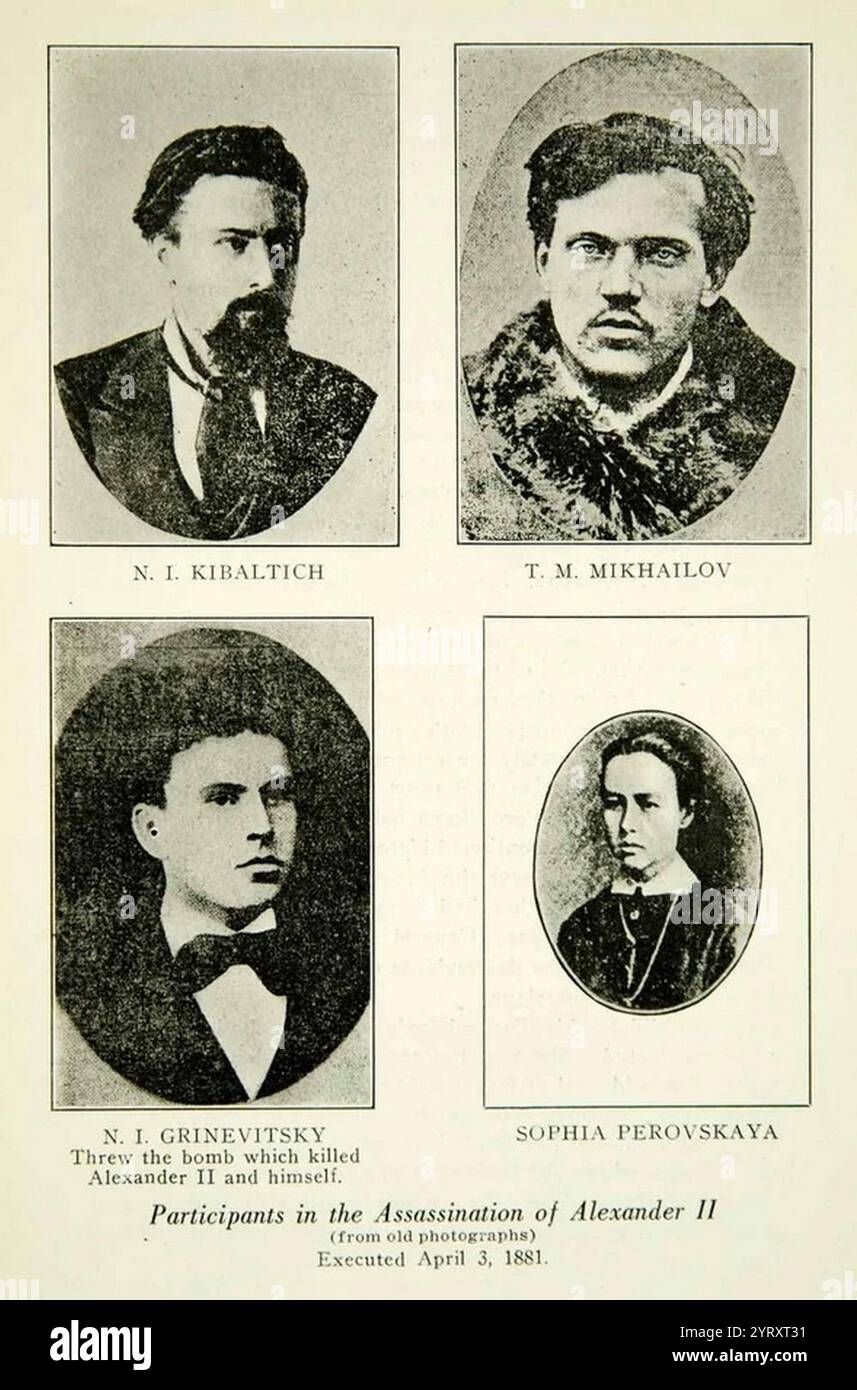 Assassini di Alessandro II : 1. Sophia Perovskay; Nikolai Kibalchich; Timofey Mikhailov; N i Gritevitsky. Il 13 marzo 1881, Alessandro II, Imperatore di Russia, fu assassinato a San Pietroburgo, in Russia. L'assassinio fu pianificato dal Comitato Esecutivo di Narodnaya Volya ("volontà del popolo"), principalmente da Andrei Zhelyabov. Dei quattro assassini coordinati da Sophia Perovskaja, due di loro hanno effettivamente commesso l'atto. Un assassino, Nikolai Rysakov, lanciò una bomba che danneggiò la carrozza, spingendo lo zar a sbarcare. A questo punto un secondo assassino, Ignacy Hryniewiecki Foto Stock