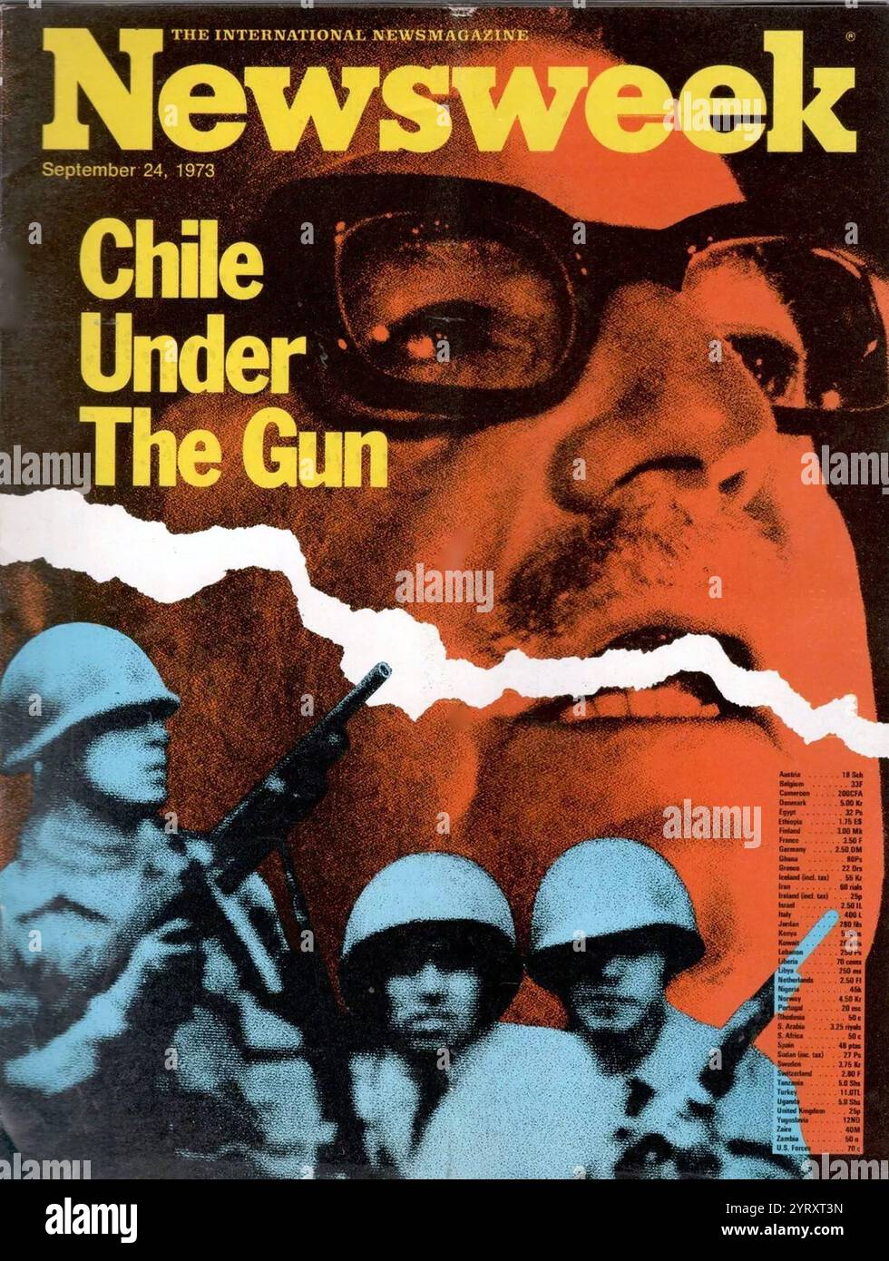 La copertina del Newsweek Magazine raffigura il colpo di Stato militare cileno che rovesciò il regime di Salvador Allende l'11 settembre 1973. Foto Stock