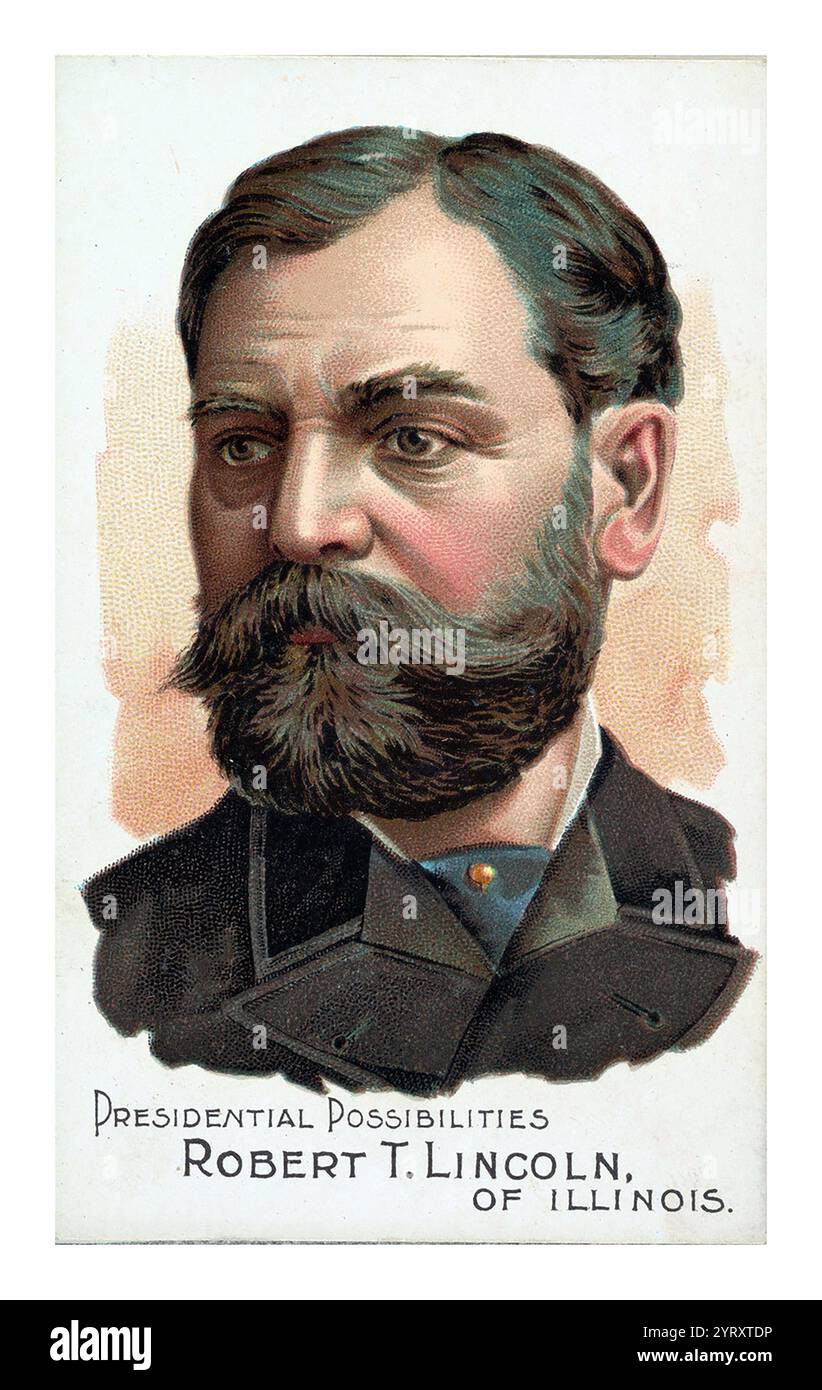 Robert Lincoln era casualmente presente o nelle vicinanze quando si verificarono tre omicidi presidenziali. Lincoln e era alla Casa Bianca quando suo padre fu colpito e frequentò il letto di morte di suo padre. Lincoln era un testimone oculare quando Charles J. Guiteau sparò al presidente James A. Garfield mentre era in servizio come Segretario alla Guerra di Garfield all'epoca. Lincoln era alla Pan-American Exposition del 1901 a Buffalo, New York, quando fu ucciso il presidente William McKinley. Robert T. Lincoln dell'Illinois, dalla serie Presidential Possibilities (N124) pubblicata da Duke Sons & Co. Per promuovere Honest Long Cut Tobacco Foto Stock
