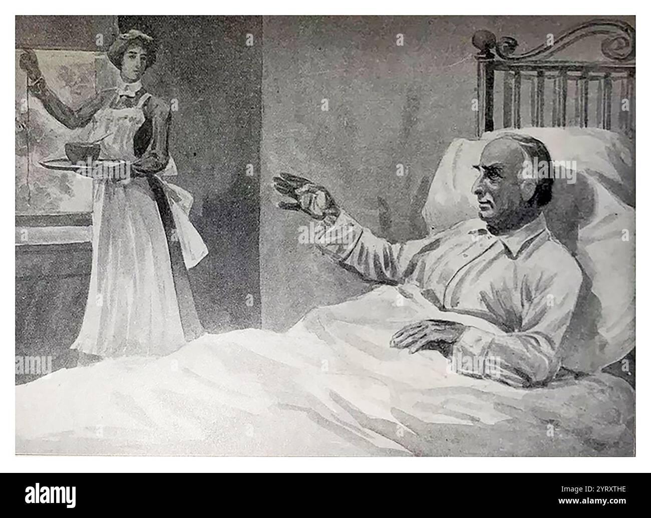 Il presidente Garfield sul letto di morte chiede a un'infermiera di aprire le tende. Charles Julius Guiteau (1841 1882) assassinò James A. Garfield, il ventesimo presidente degli Stati Uniti, nel 1881. Guiteau credeva di aver giocato un ruolo importante nella vittoria elettorale di Garfield, per la quale avrebbe dovuto essere premiato con un consolato. Si sentì frustrato e offeso dal rifiuto dell'amministrazione Garfield delle sue richieste di servire a Vienna o Parigi a tal punto che decise di uccidere Garfield e sparargli alla stazione ferroviaria di Baltimora e Potomac a Washington, D.C. Garfield morì due mesi Foto Stock