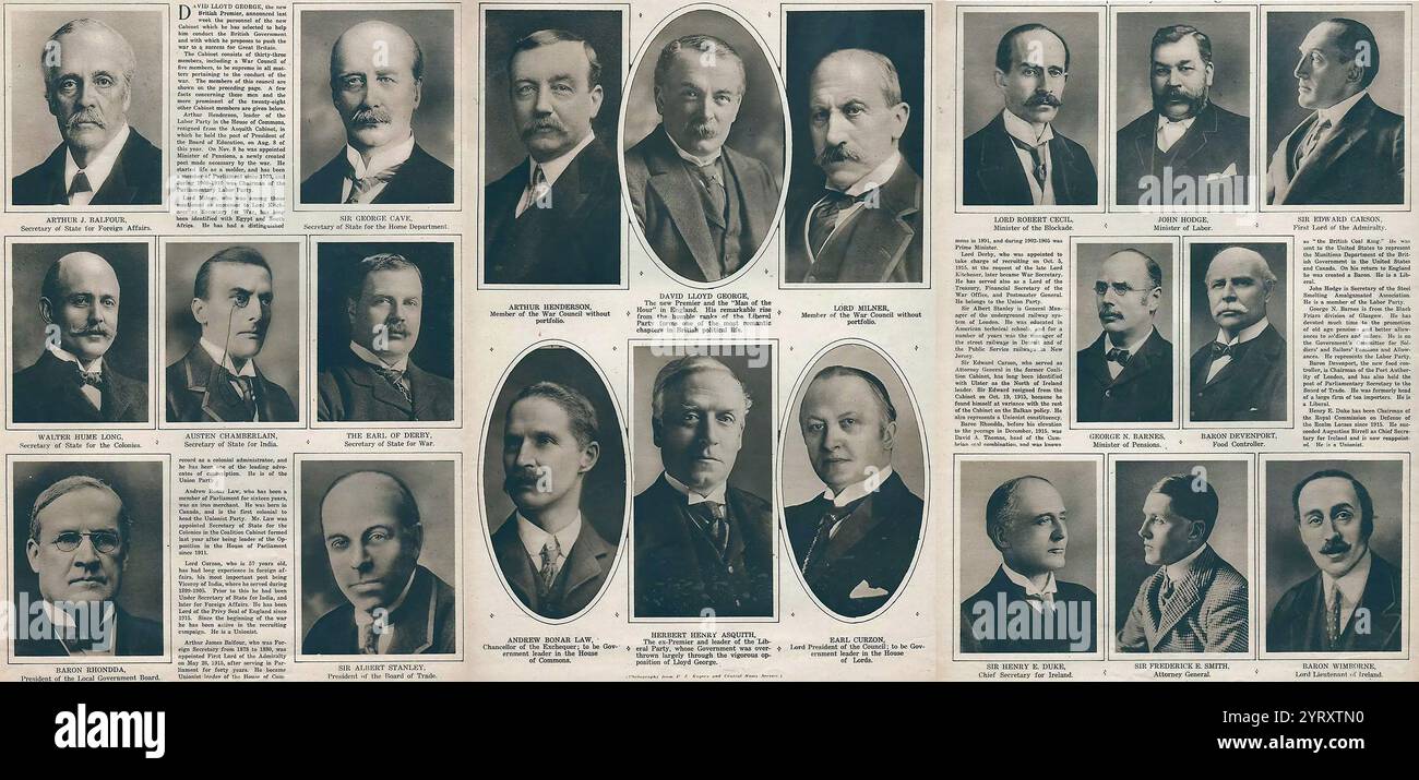 Il liberale David Lloyd George formò un governo di coalizione nel Regno Unito nel dicembre 1916. Questo sostituì la prima coalizione in tempo di guerra guidata da H. H. Asquith, che era stata ritenuta responsabile delle perdite durante la grande Guerra. Tra i ministri più anziani c'erano: Lord Curzon di Kedleston? Lord Presidente del Consiglio e leader della camera dei Lord; legge Bonar ? Cancelliere dello Scacchiere e leader della camera dei comuni; Arthur Henderson ? Ministro senza portafoglio; Lord Milner ? Ministro senza portafoglio. Foto Stock