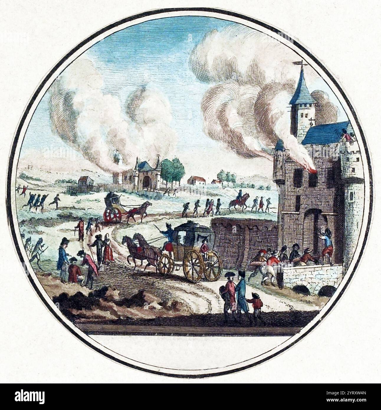 Un castello in un maniero francese viene attaccato dai contadini durante la "grande paura" (grande Peur), un'ondata di panico tra il 22 luglio e il 6 agosto 1789, all'inizio della Rivoluzione francese. I disordini rurali erano presenti in Francia fin dal peggioramento della carenza di grano della primavera. Alimentati dalle voci di un "complotto" aristocratico per far morire di fame o bruciare la popolazione, sia contadini che cittadini si mobilitarono e in alcune aree attaccarono case padronali. Foto Stock