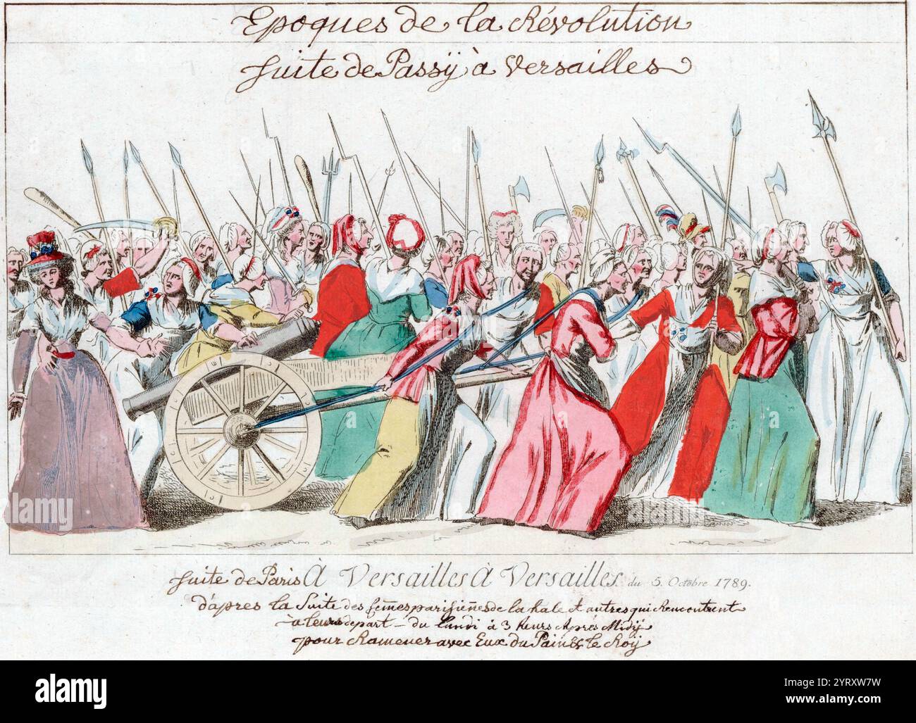 I giorni di ottobre, un evento significativo nella Rivoluzione francese. La marcia iniziò tra le donne nei mercati di Parigi che, la mattina del 5 ottobre 1789, protestavano per l'alto prezzo del pane. I disordini si intrecciarono rapidamente con le attività dei rivoluzionari che cercavano riforme politiche liberali e una monarchia costituzionale per la Francia. Saccheggiarono l'armeria della città in cambio di armi e marciarono sulla Reggia di Versailles. La folla assediò il palazzo e costrinse il re e la sua famiglia a tornare con loro a Parigi. Foto Stock
