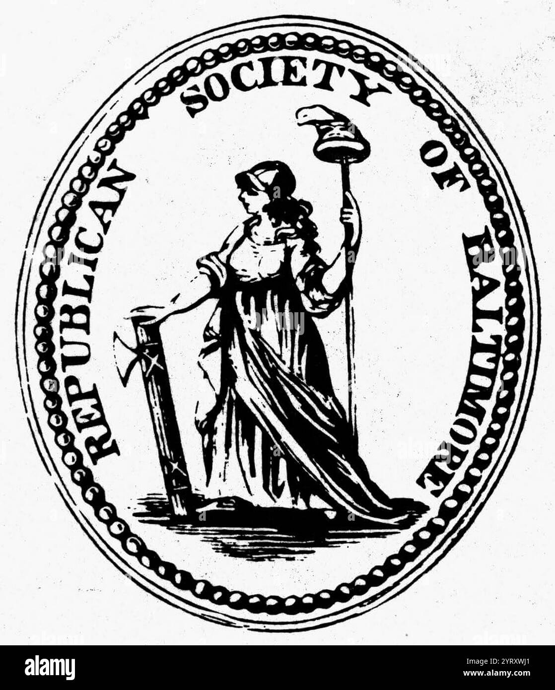 Etichetta per il Partito Democratico-Repubblicano, 1792 sigillo che mostra il cappuccio francese della libertà. Il Partito Democratico-Repubblicano è il primo partito politico negli Stati Uniti, risalente al 1792. Il Partito Democratico-Repubblicano fu fondato da James Madison e Thomas Jefferson Foto Stock