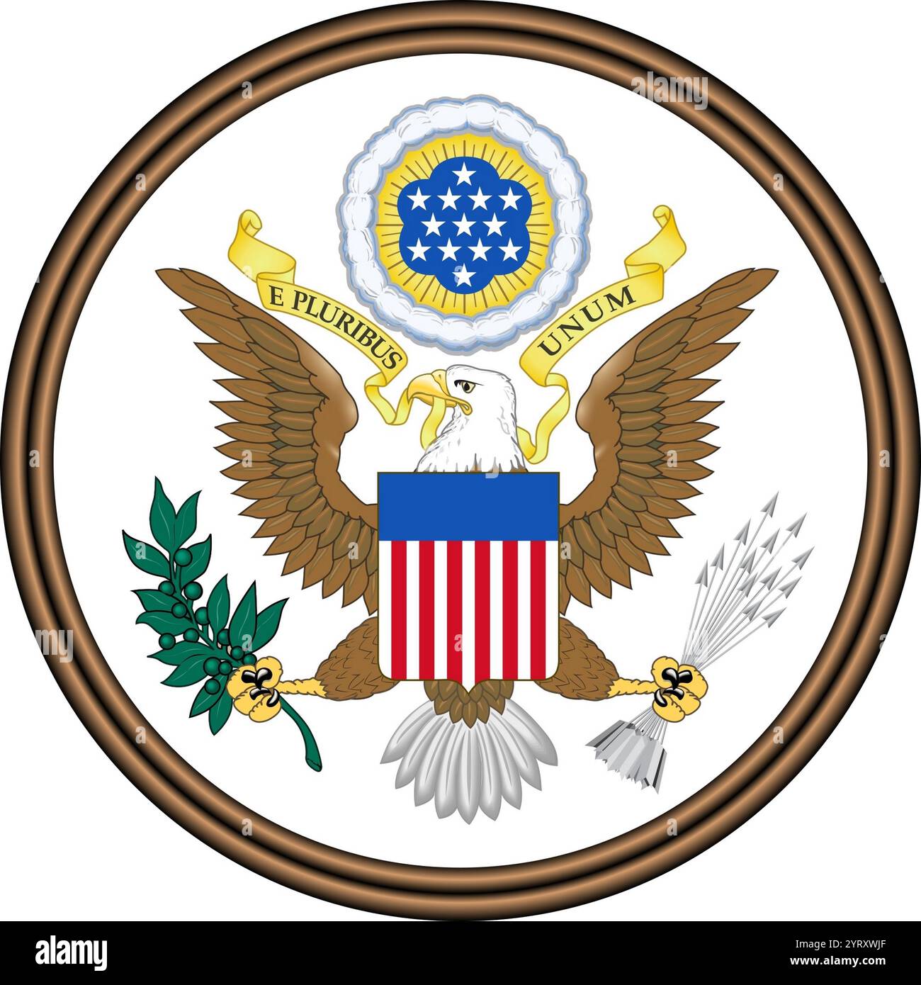 Il simbolo degli Stati Uniti la frase "e pluribus unum" (di molte, una), ha tredici lettere che la rendono simbolica delle tredici colonie originali che si ribellarono contro il dominio della Gran Bretagna e divennero i primi tredici stati, rappresentati oggi come le tredici strisce sulla bandiera americana. Foto Stock