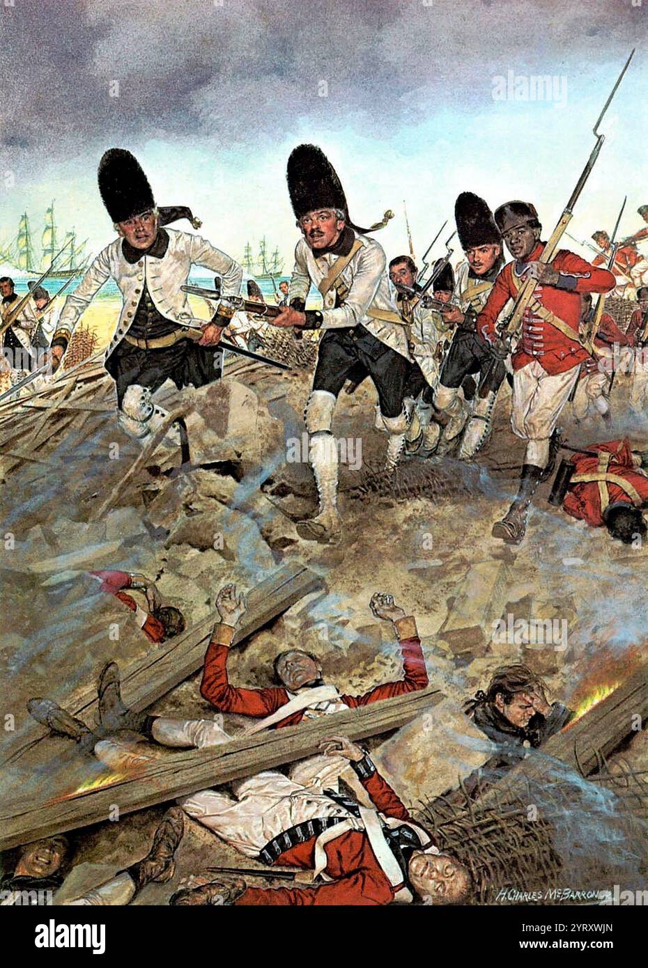 Truppe spagnole a Pensacola 1781. Le truppe spagnole del Louisiana Regiment (cappotti bianchi) e della compagnia dei neri liberi dell'Avana (in cappotti rossi) possono essere viste assaltare ft. Giorgio, che concluse la campagna spagnola contro le forze britanniche lungo gran parte della costa del Golfo. La Spagna, attraverso la sua alleanza con la Francia e come parte del suo conflitto con la Gran Bretagna, giocò un ruolo nell'indipendenza degli Stati Uniti. La Spagna dichiarò guerra alla Gran Bretagna come alleata della Francia. Le forze spagnole attaccarono le posizioni britanniche a sud e catturarono la Florida occidentale dalla Gran Bretagna durante l'assedio di Pensacola. Questo ha assicurato il sou Foto Stock