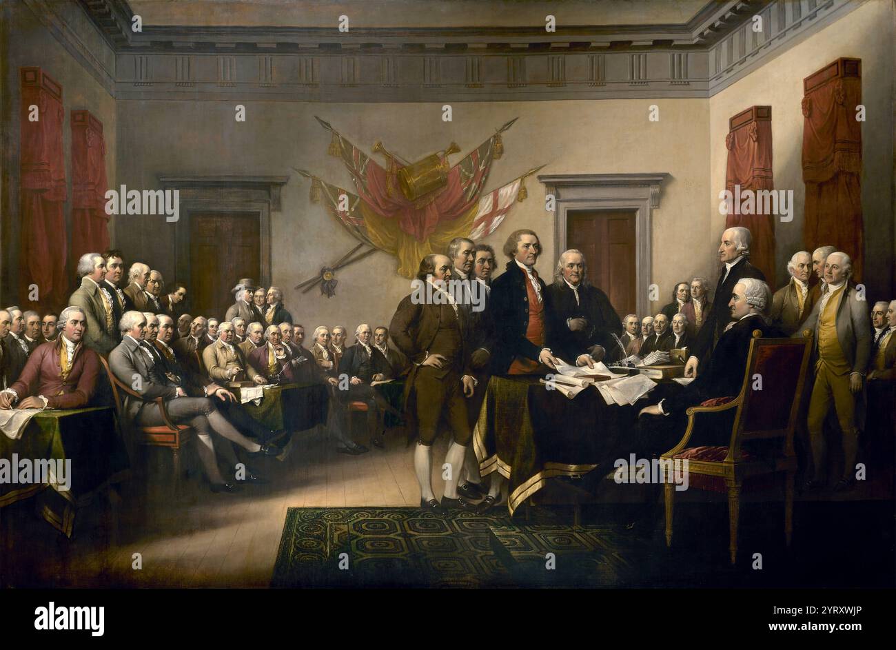 Il dipinto di John Trumbull del 1819, Declaration of Independence, raffigurante il comitato di redazione di cinque uomini della dichiarazione di indipendenza degli Stati Uniti, presentando il loro lavoro al Congresso. Non rappresenta una vera cerimonia; i personaggi ritratti non sono mai stati nella stessa stanza allo stesso tempo. Foto Stock