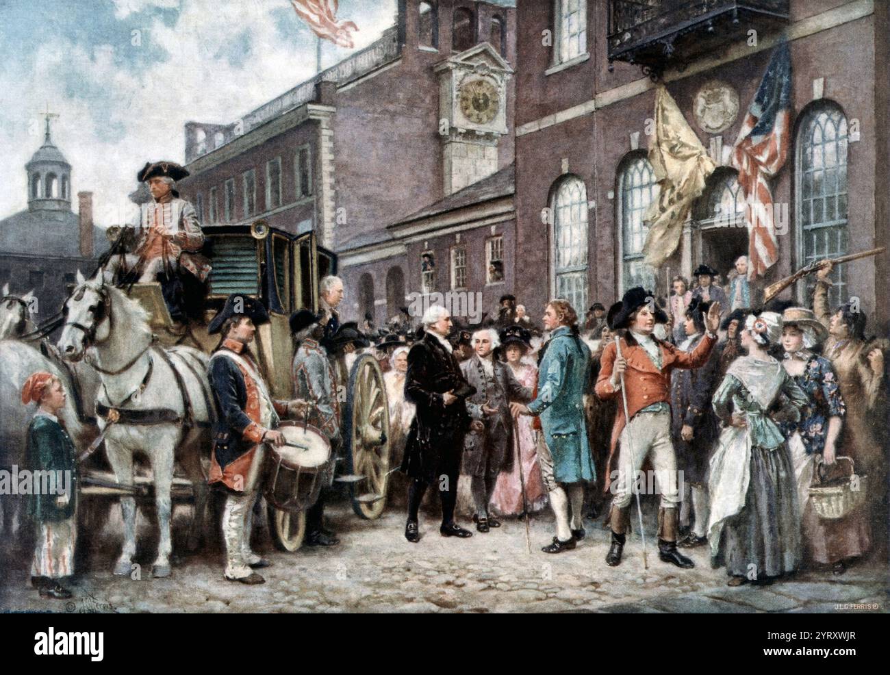 George Washington arrivò alla Congress Hall di Philadelphia, il 4 marzo 1793. Cartolina pubblicata dalla Foundation Press, Inc., 1932 Foto Stock