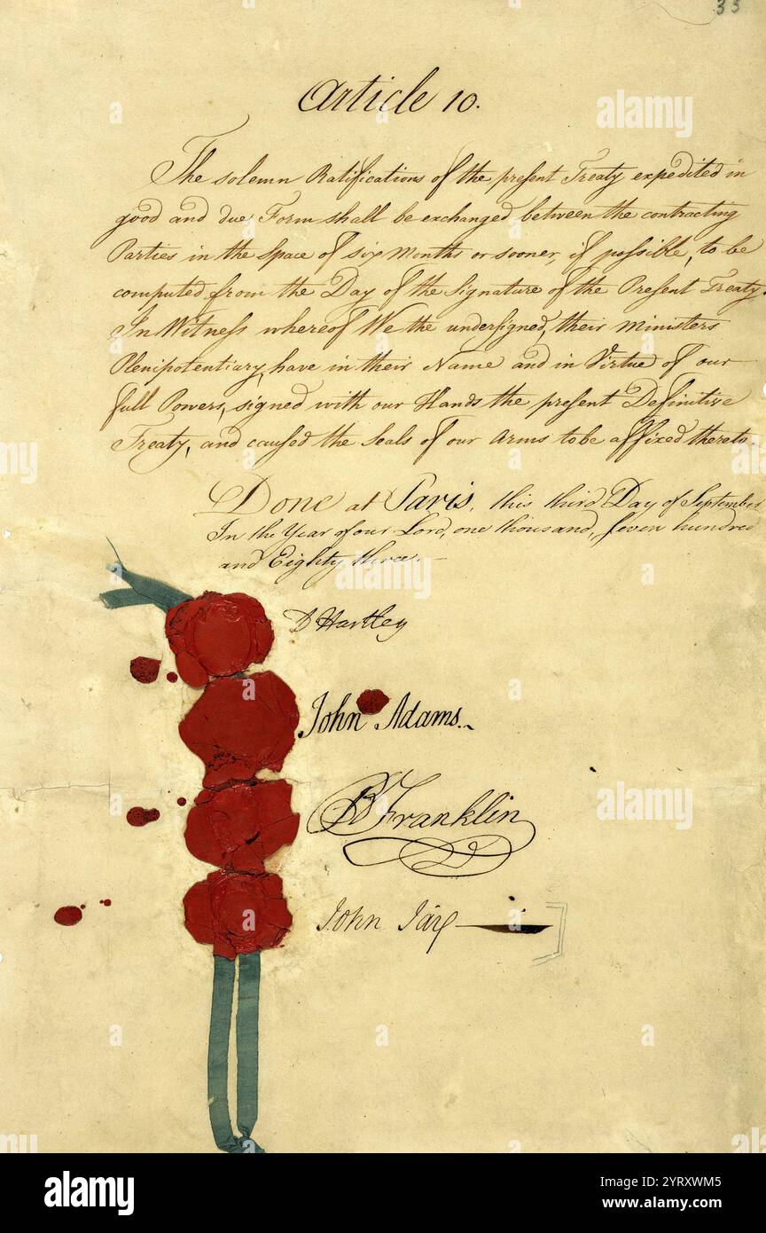 Ultima pagina di una bozza del Trattato di Parigi del 1783, sigillata con gli anelli di sigillo dei quattro diplomatici. David Hartley era il rappresentante del re britannico e Benjamin Franklin, John Jay e John Adams rappresentavano gli Stati Uniti. In questi giorni, i diplomatici potevano usare i loro sigilli di famiglia sulle bozze, mentre oggi sarebbero stati siglati e, e solo dopo essere stati ratificati sigillati con il Gran sigillo degli Stati Uniti. Foto Stock