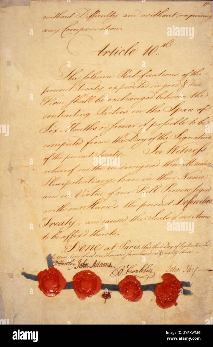 Ultima pagina della versione finale del Trattato di Parigi del 1783, sigillata con gli anelli di sigillo dei quattro diplomatici. David Hartley era il rappresentante del re britannico e Benjamin Franklin, John Jay e John Adams rappresentavano gli Stati Uniti. In questi giorni, i diplomatici potevano usare i loro sigilli di famiglia sulle bozze, mentre oggi sarebbero stati siglati e, e solo dopo essere stati ratificati sigillati con il Gran sigillo degli Stati Uniti. Foto Stock