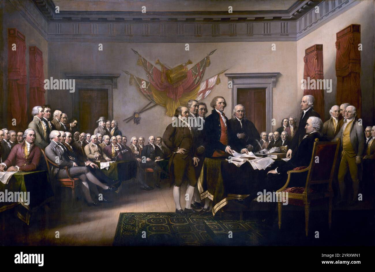 Il dipinto di John Trumbull, Declaration of Independence, raffigurante il comitato di redazione di cinque uomini della dichiarazione di indipendenza che presenta il loro lavoro al Congresso. Foto Stock