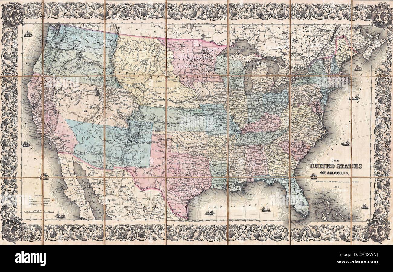 1855 mappa tascabile degli Stati Uniti di J.H. Colton. Copre gli Stati Uniti da costa a costa rivelando una configurazione molto precoce del Trans Mississippi. Mentre molti stati moderni non erano ancora apparsi quando questa mappa è stata stampata, molti altri stati sono eccezionalmente grandi. Oregon, Washington, Utah, nuovo Messico, Minnesota e Nebraska, tutti i territori, coprirono vaste regioni. Sono anche note numerose rotte di emigrazione estremamente importanti, tra cui l'Oregon Trail, il Santa Fe Trail e il Fremont's Route. Inoltre indica le molte rotte proposte per la Pacific Railroad, tra cui la Ste Foto Stock