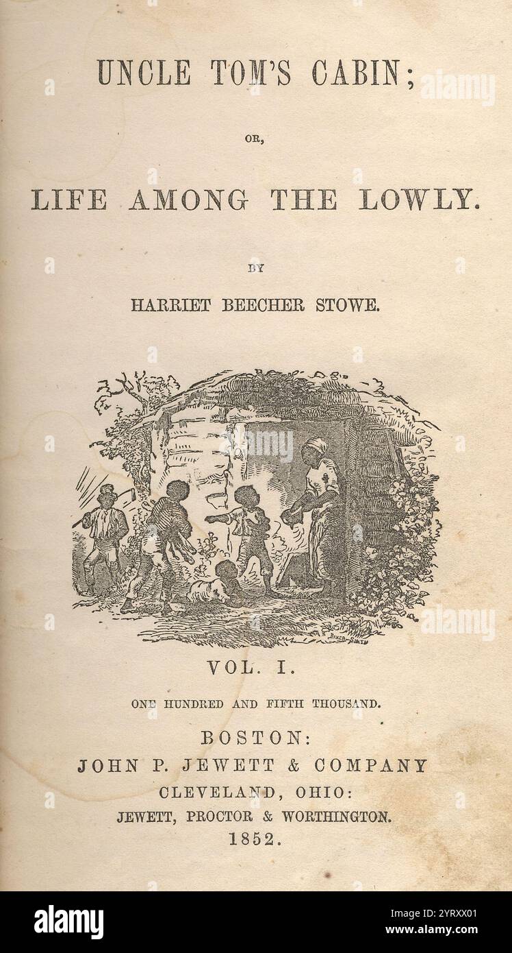 Illustrazione del frontespizio di Hammatt Billings per Uncle Tom's Cabin [prima edizione: Boston: John P. Jewett and Company, 1852]. Mostra i personaggi di Chloe, Mose, Pete, Baby, Tom. Zio Tom's Cabin; or, Life Among the Lowly è un romanzo anti-schiavitù della scrittrice statunitense Harriet Beecher Stowe. Pubblicato in due volumi nel 1852, il romanzo ebbe un profondo effetto sugli atteggiamenti verso gli afroamericani e sulla schiavitù negli Stati Uniti. S Foto Stock