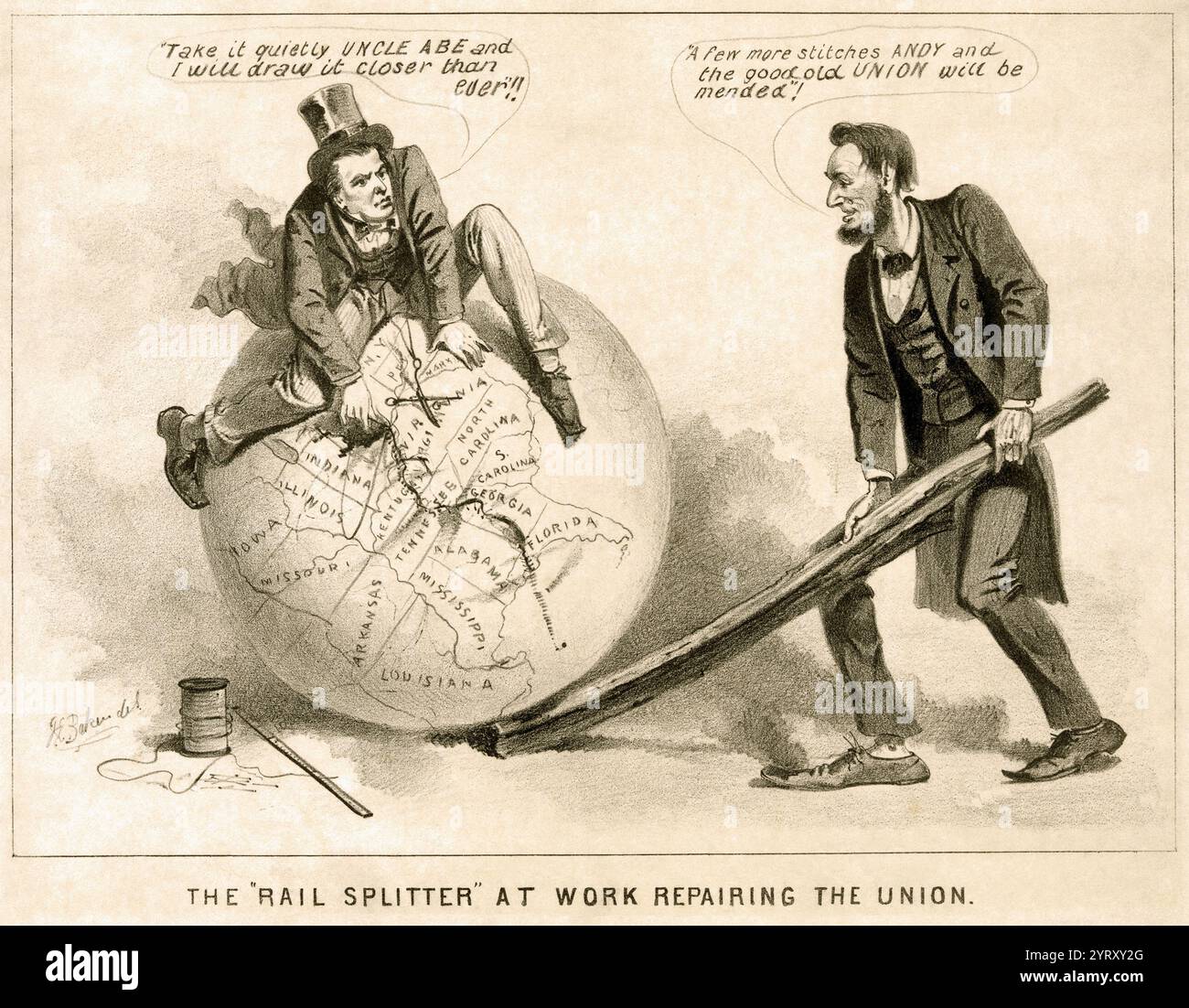 Il Rail Splitter ripara il sindacato? Una vignetta politica di Andrew Johnson e Abraham Lincoln dal 1865, durante l'era della ricostruzione degli Stati Uniti (1863?1877). La stampa di cartoni animati mostra il vicepresidente Andrew Johnson seduto in cima a un globo, tentando di unire la mappa degli Stati Uniti con ago e filo. Abraham Lincoln sta in piedi, a destra, usando una guida divisa per posizionare il globo. Johnson avverte, 'Prendilo tranquillamente zio Abe e io lo avvicinerò più che mai.' Mentre Lincoln lo loda, 'qualche altro punto Andy e la buona vecchia Unione saranno riparati'. Foto Stock