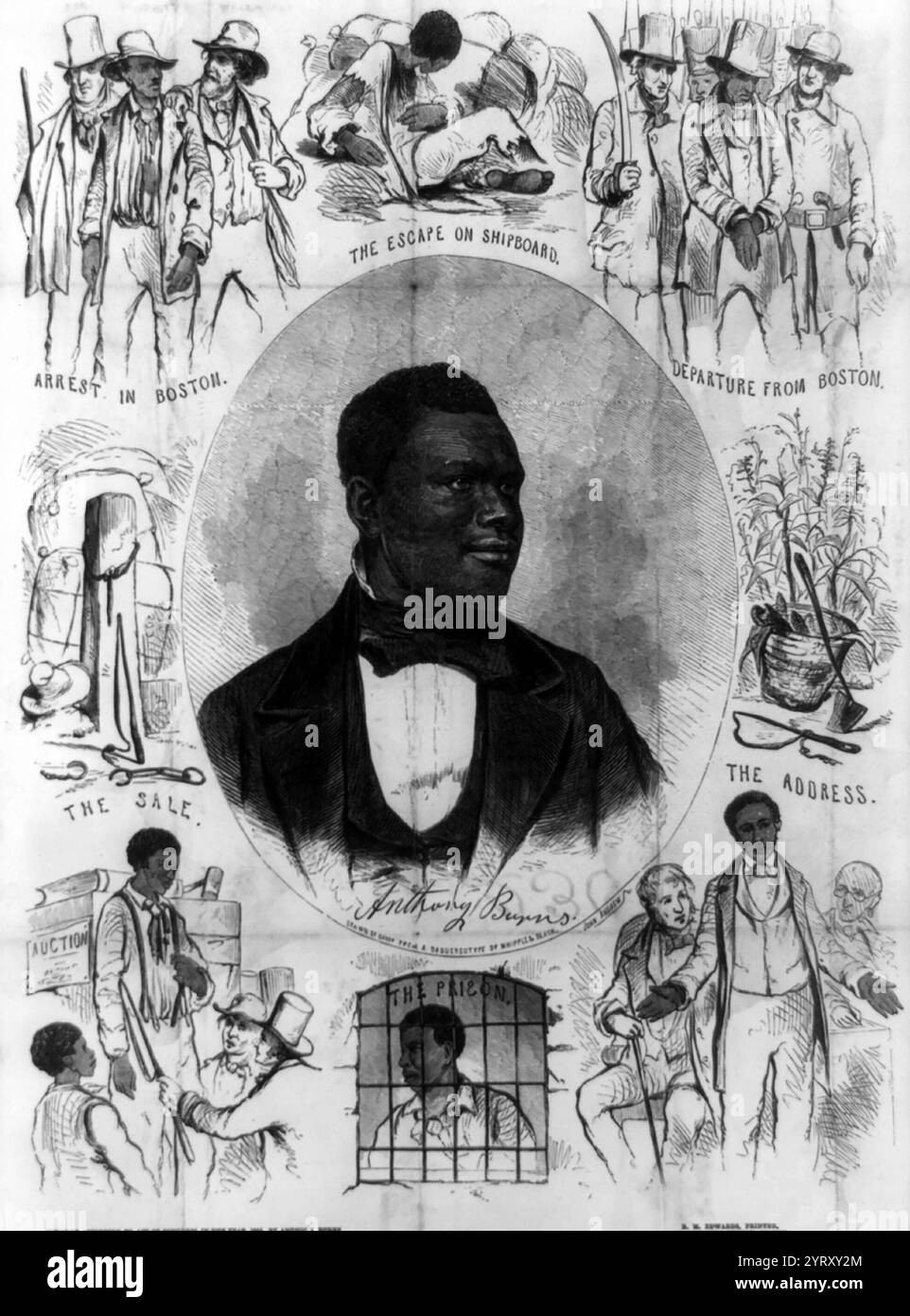 La stampa mostra un ritratto dello schiavo fuggitivo Anthony Burns, il cui arresto e processo ai sensi del Fugitive Slave Act del 1850 ha provocato rivolte e proteste da parte degli abolizionisti e dei cittadini di Boston nella primavera del 1854. Foto Stock