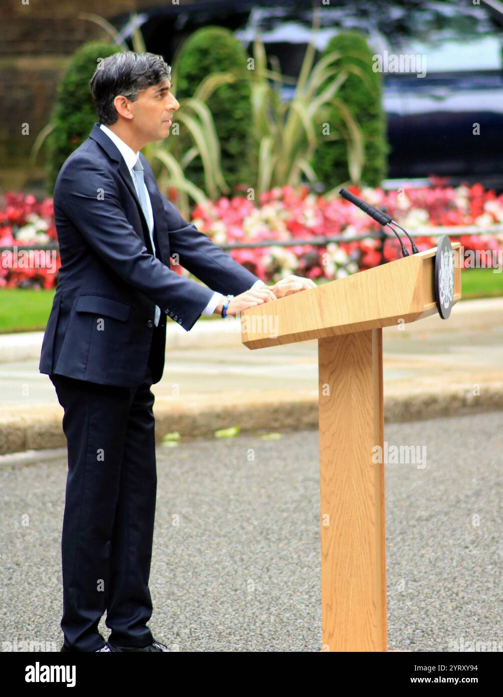 Il primo ministro britannico, Rishi Sunak, lascia l'incarico dopo aver perso le elezioni. Downing Street, Londra. 5 luglio 2024 Foto Stock