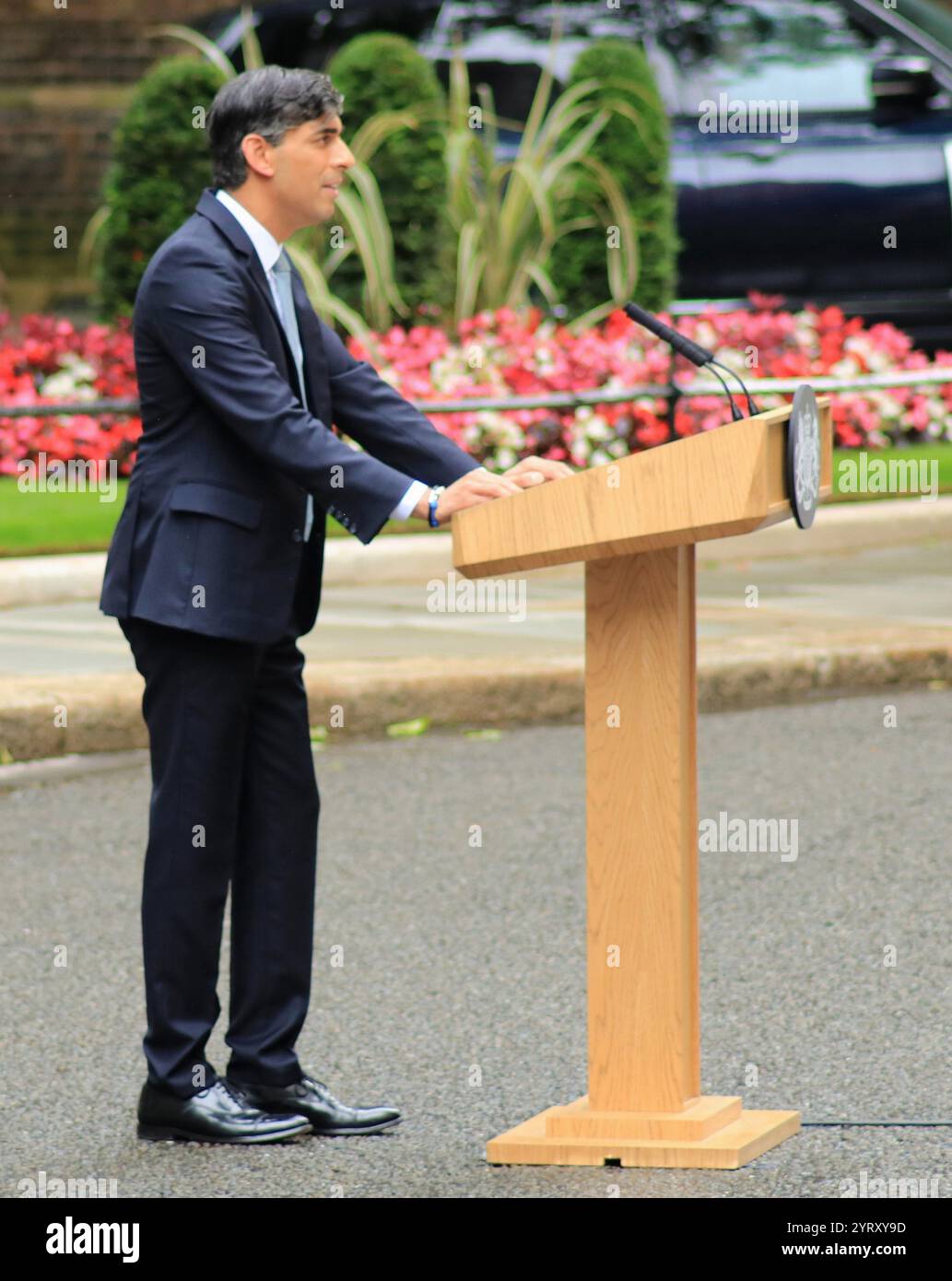 Il primo ministro britannico, Rishi Sunak, lascia l'incarico dopo aver perso le elezioni. Downing Street, Londra. 5 luglio 2024 Foto Stock