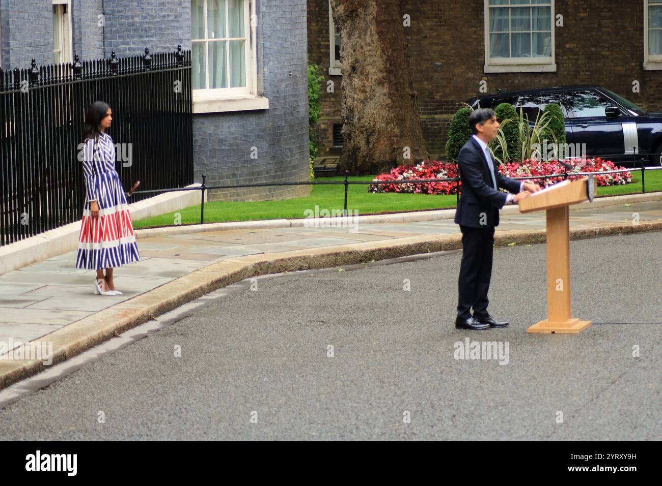 Il primo ministro britannico, Rishi Sunak, lascia l'incarico dopo aver perso le elezioni. Downing Street, Londra. 5 luglio 2024 Foto Stock