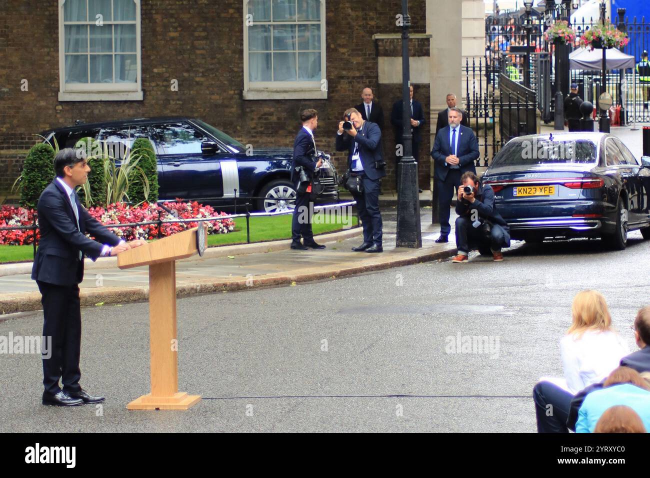 Il primo ministro britannico, Rishi Sunak, lascia l'incarico dopo aver perso le elezioni. Downing Street, Londra. 5 luglio 2024 Foto Stock