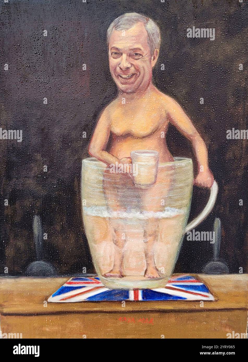 Kaya Mar (artista) dipinto satirico di Nigel Farage, leader del Partito Riformista di destra nel Regno Unito. 2024 Foto Stock
