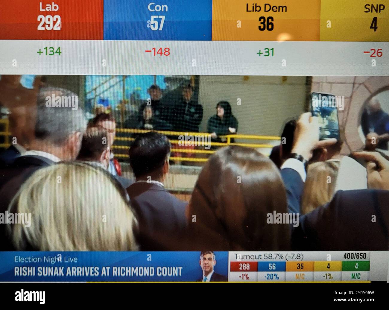 Rishi Sunak , il primo ministro britannico partecipa al risultato del suo collegio elettorale durante le elezioni che hanno visto il suo partito conservatore perdere potere. 4 luglio 2024. Foto Stock
