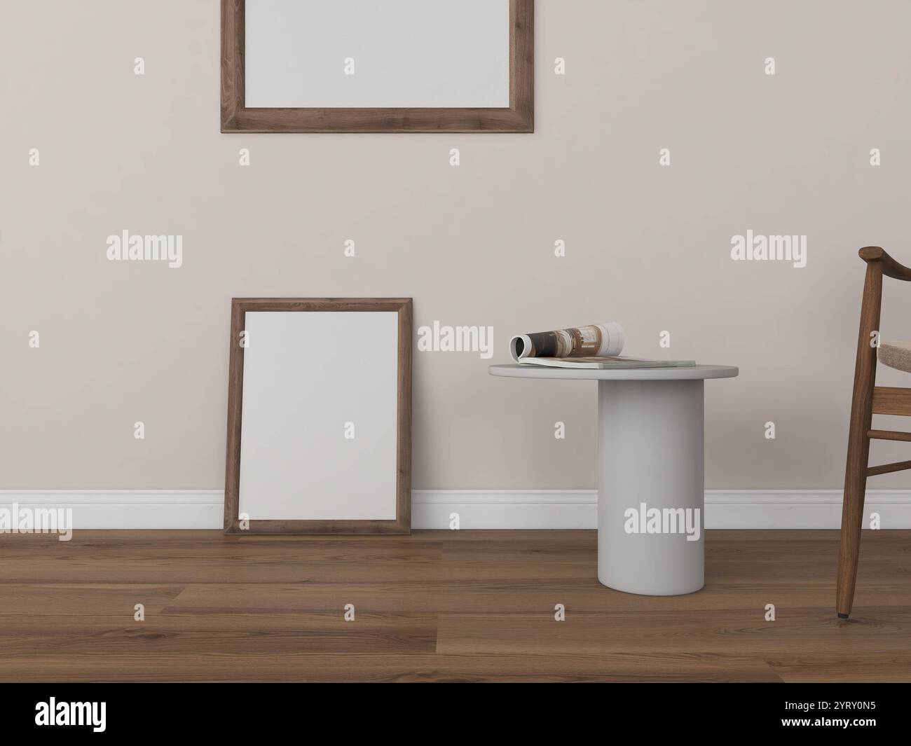 Mockup di cornici su pavimento in legno, modello naturale e neutro per scenografie di interni, set di disegni da parete per gallerie di rendering 3d, casa alla moda. Foto Stock