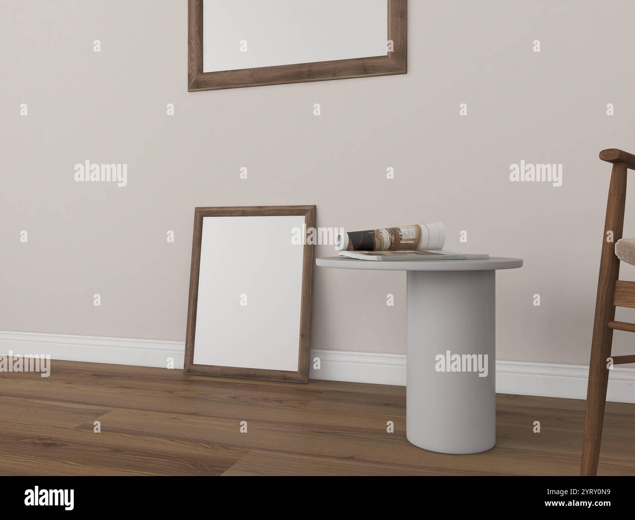 Mockup con struttura in legno sul pavimento in parquet in un ambiente di arredamento moderno e neutro, realistico salotto con rendering 3d. Foto Stock