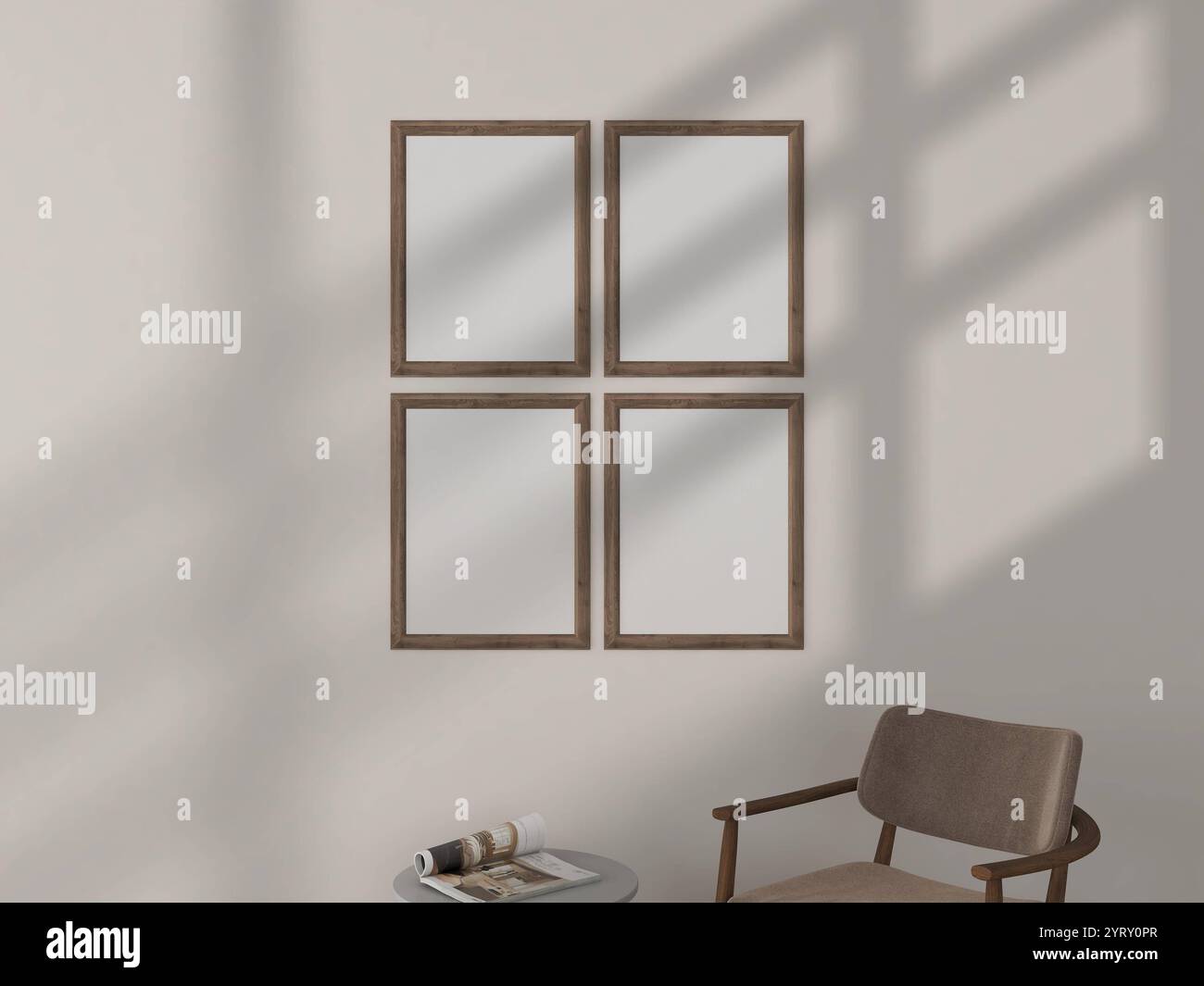 Quattro cornici in legno su parete bianca, set di opere d'arte da galleria con luce naturale e realistico salotto con rendering 3d. Foto Stock