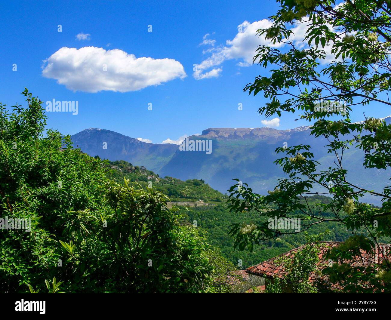 Vista del Monte Baldo da Tremosine. Tremosine si trova sulla sponda occidentale del Lago di Garda. Foto Stock