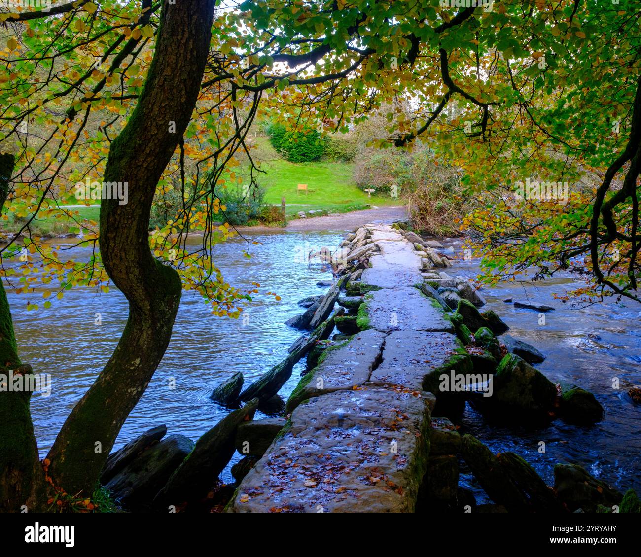 Segni di autunno a Tarr Steps, clapper bridge after rain in Exmoor National Park, Somerset, Regno Unito Foto Stock