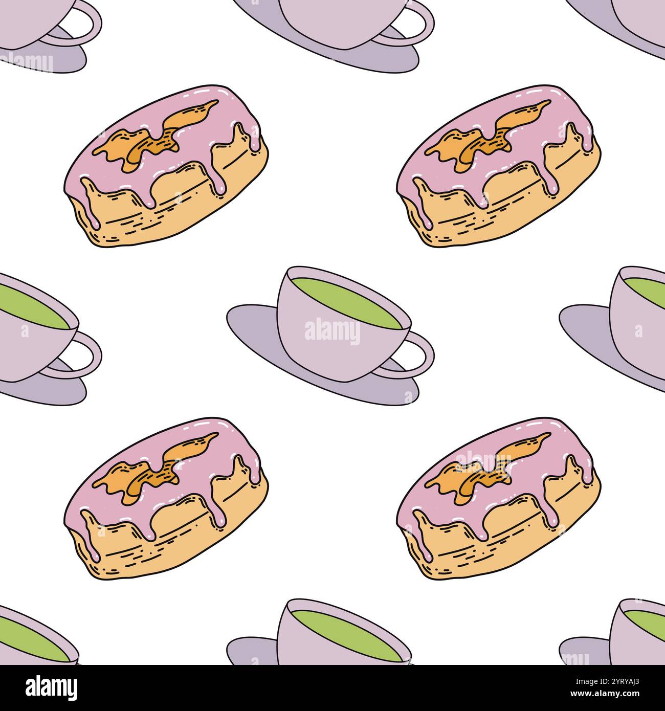 Ciambelle e tè senza cuciture su sfondo bianco. Foto Stock