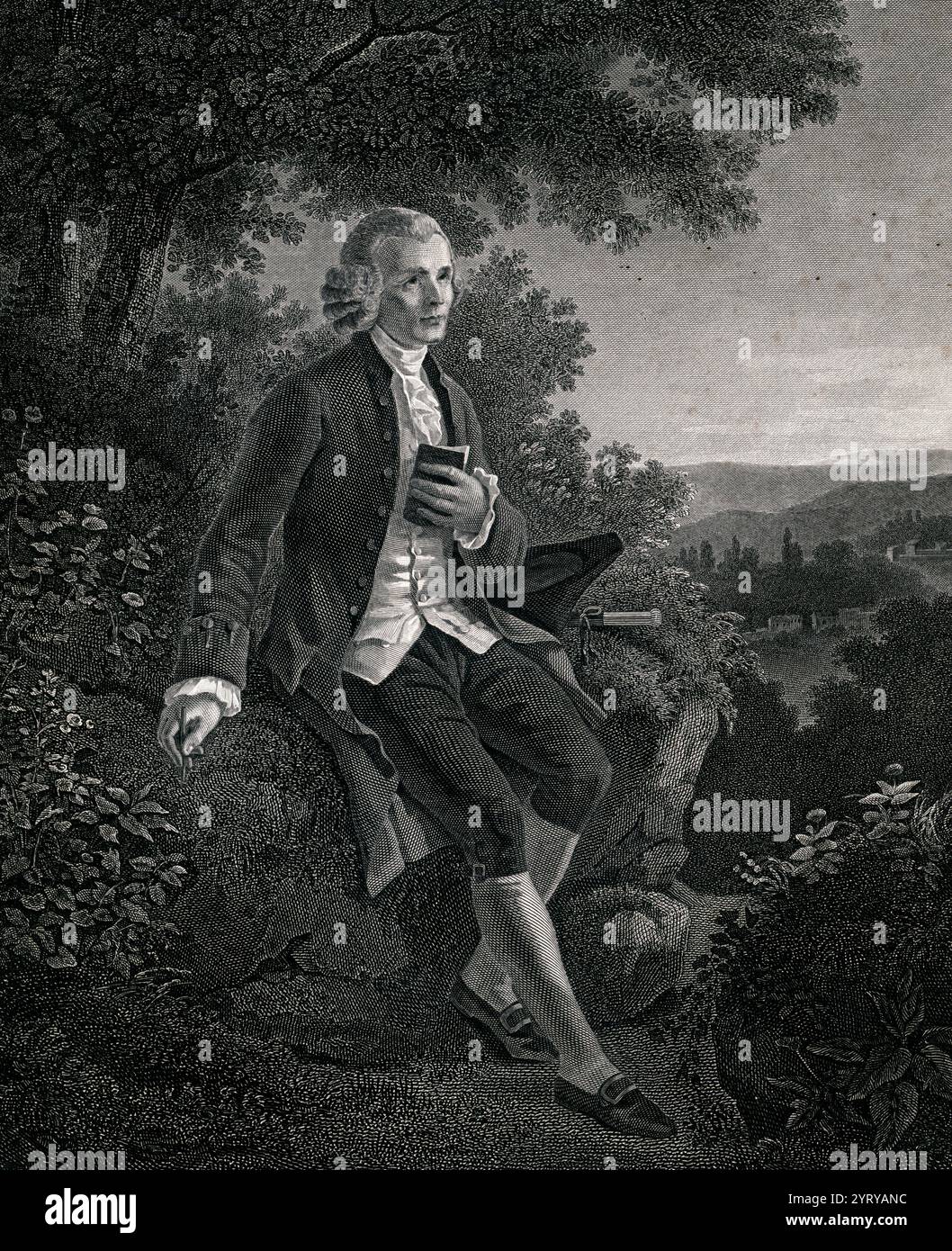 Jean-Jacques Rousseau, ritratto a mezza lunghezza. Jean-Jacques Rousseau (1712 - 1778), filosofo, scrittore e compositore svizzero. Nato a Ginevra, la sua filosofia politica influenzò il progresso dell'Illuminismo in tutta Europa, così come gli aspetti della Rivoluzione francese e lo sviluppo del pensiero politico ed educativo moderno. Foto Stock