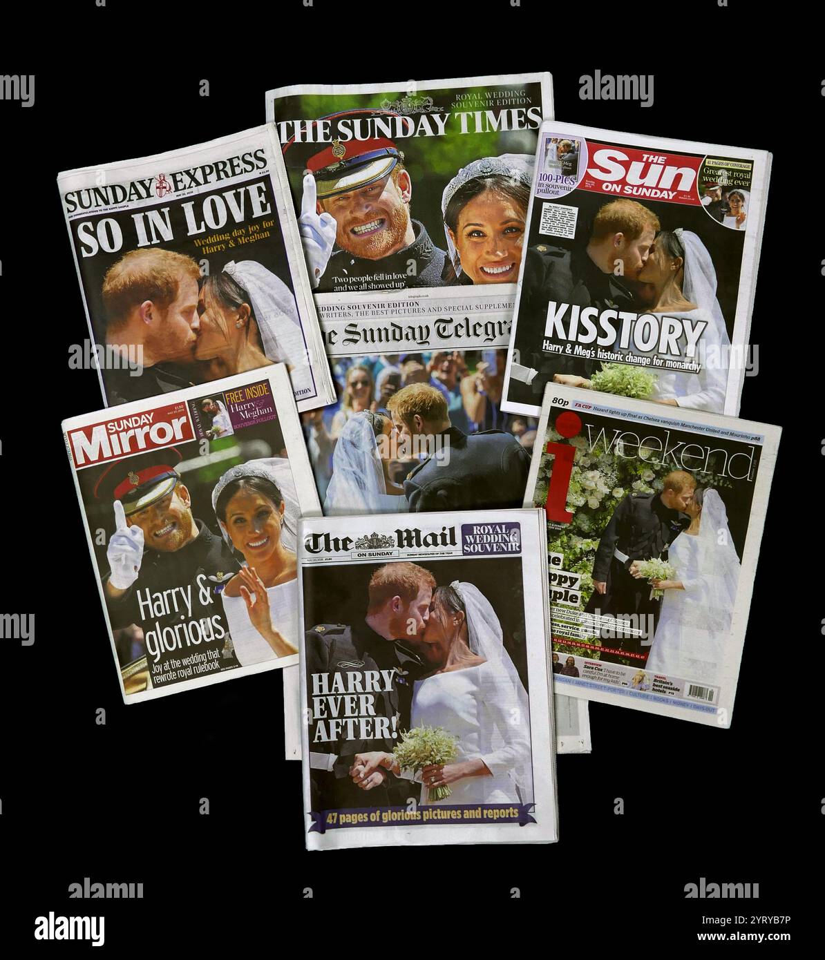Montaggio di giornali nazionali britannici copertura delle nozze reali del principe Harry e Meghan Markle. La cerimonia di matrimonio ebbe luogo il 19 maggio 2018, nella St George's Chapel, Castello di Windsor. Meghan, Duchessa di Sussex (1981) è un membro della famiglia reale britannica ed ex attrice. Principe Harry, duca di Sussex (nato nel 1984). Foto Stock