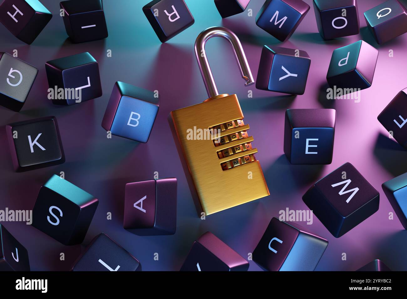 Lucchetto a combinazione dorato tra i tasti neri della tastiera sotto l'illuminazione al neon. Illustrazione 3D del concetto di sicurezza informatica e sicurezza delle password Foto Stock