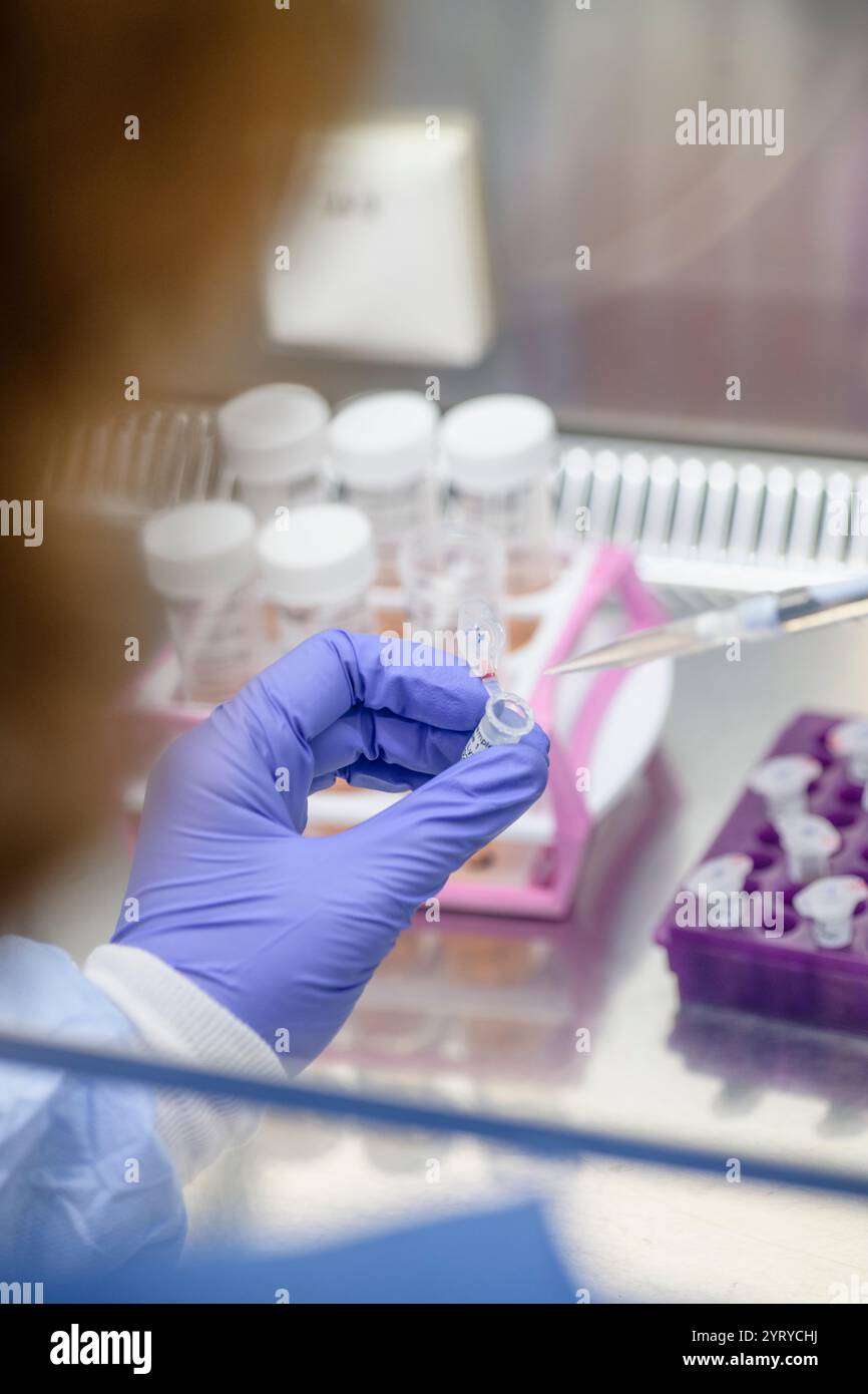 Scienziato che utilizza una pipetta per gestire i campioni in laboratorio, sottolineando la ricerca, la precisione e la biotecnologia. Foto Stock