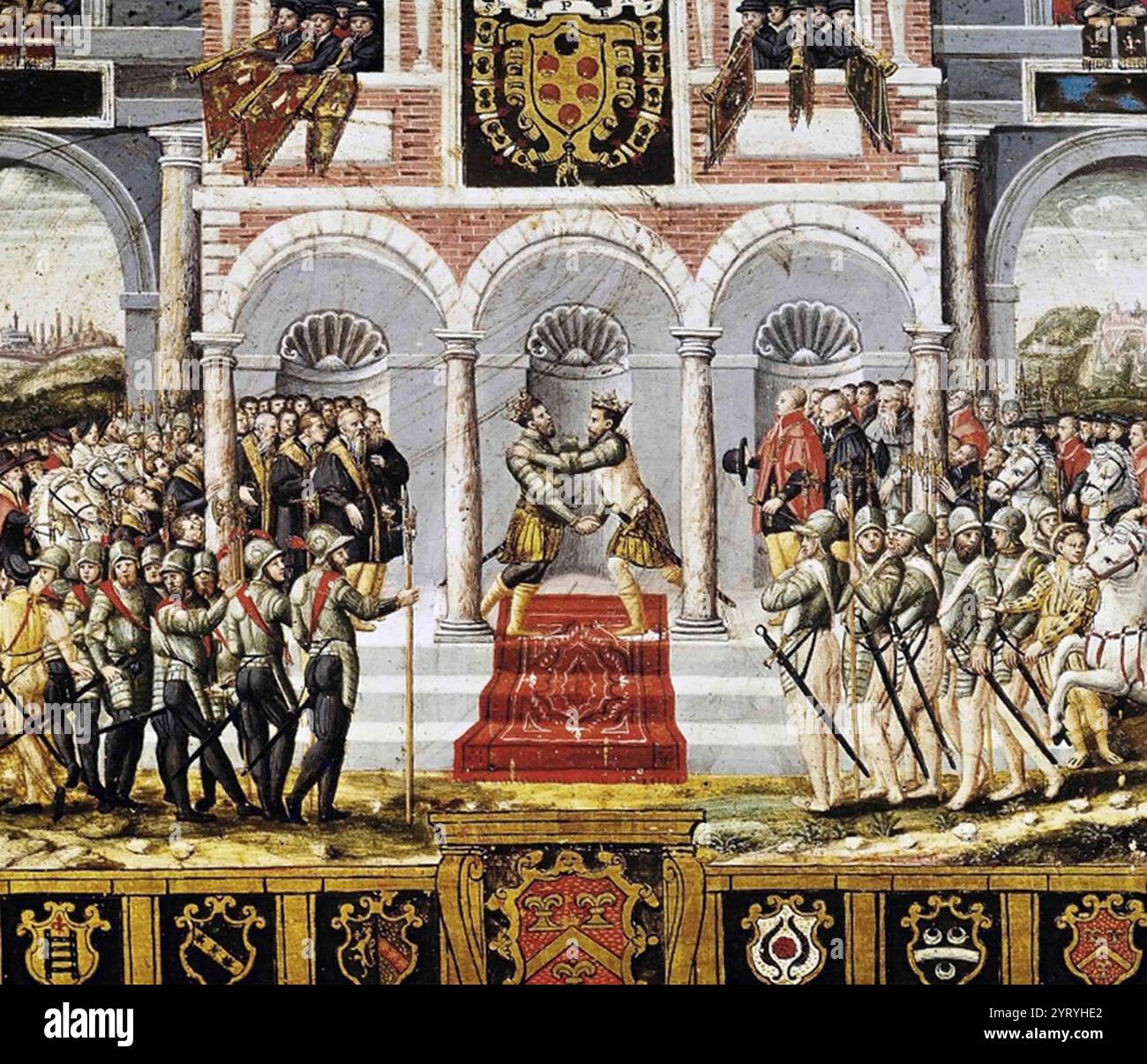 Il Trattato di Cateau-Cambr'sis o Pace di Cateau-Cambr'sis nell'aprile 1559 pose fine alla guerra italiana del 1551-1559. Consisteva in diversi trattati separati, i due principali firmati il 2 aprile da Elisabetta i d'Inghilterra ed Enrico II di Francia, e il 3 aprile tra Enrico e Filippo II di Spagna. Foto Stock