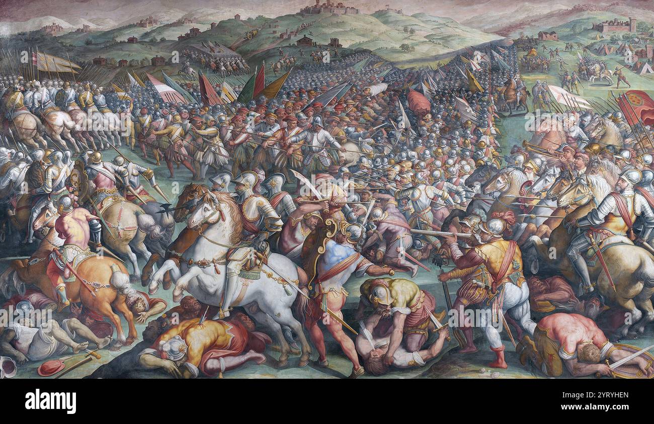 La battaglia di Marciano, Toscana, 1554, durante la guerra d'Italia del 1551. La battaglia segnò la sconfitta della Repubblica di Siena nella sua guerra contro il Ducato di Firenze, e portò Siena a perdere la sua indipendenza e ad essere assorbita nel Ducato di Firenze. Il Ducato di Firenze era alleato con il Sacro Romano Impero sotto Carlo V, Sacro Romano Imperatore (1500?1558) Foto Stock