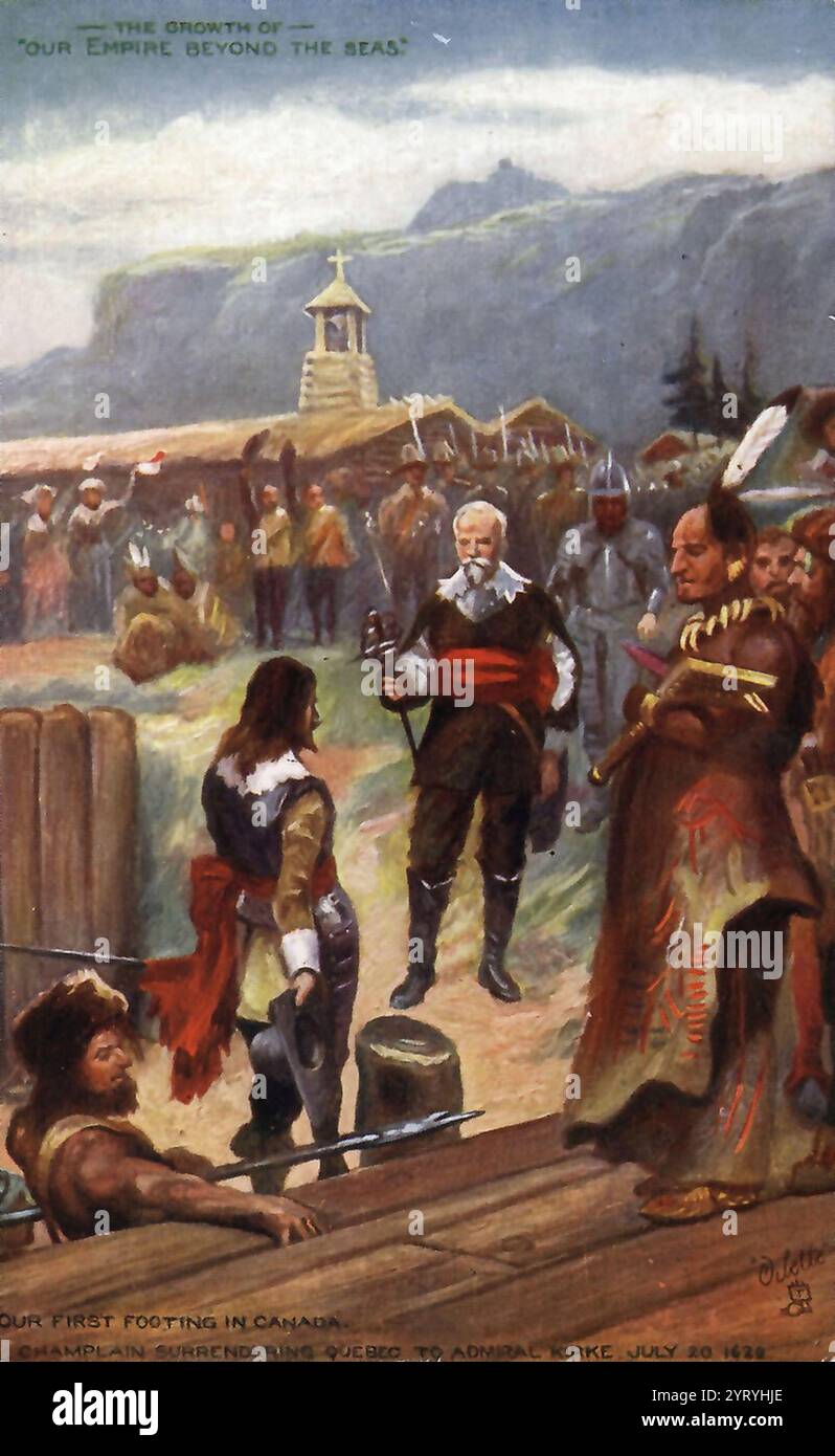 Champlain si arrese a Quebec all'ammiraglio Kirke, il 20 luglio 1629. La resa di Quebec nel 1629 fu la presa di Quebec City, durante la guerra anglo-francese (1627?1629). Fu raggiunto senza battaglia dai corsari inglesi guidati da David Kirke, che aveva intercettato i rifornimenti della città. Foto Stock