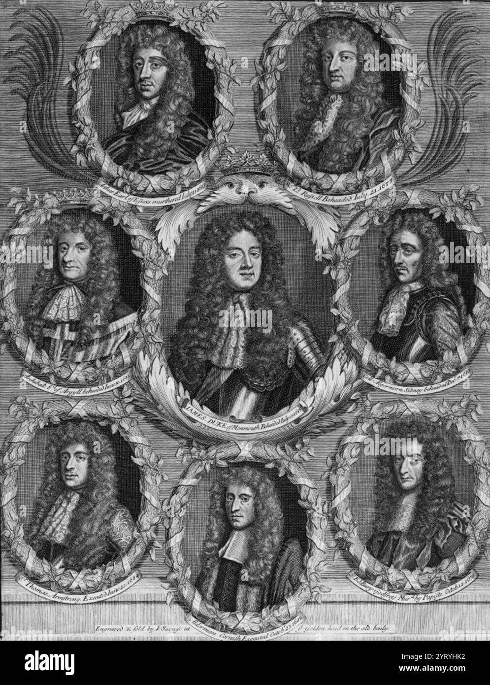 The Antipapists un ritratto politico anti-cattolico di sette figure del complotto Rye House con Edward Berry Godfrey (collegato al complotto pigro). 1688. Emersero vari complotti per assassinare o rovesciare re Carlo II e il suo successore Giacomo II. Il complotto di Rye House del 1683 era un piano per assassinare re Carlo II d'Inghilterra e suo fratello (erede al trono) Giacomo, duca di York. L'attacco pianificato non ha mai avuto luogo. Argyll's Rising, conosciuto anche come? La ribellione di Argyll, fu un tentativo nel giugno 1685 di rovesciare? James II e VII. Guidati da? Archibald Campbell, IX conte di Argyll, l'insurrezione era intenzionale Foto Stock