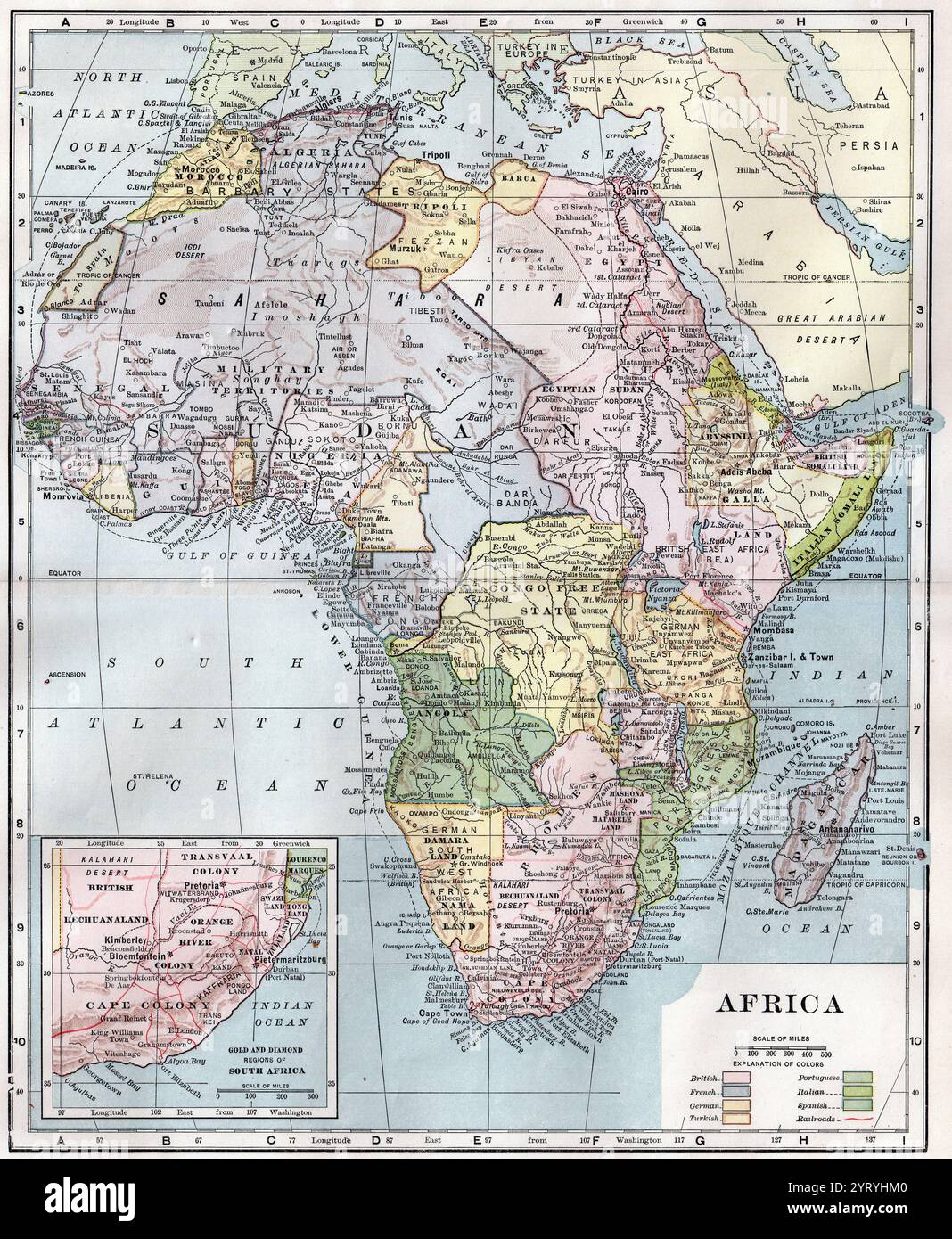 Mappa del continente africano pubblicata nel 1904, che mostra la divisione del continente tra le nazioni colonizzatrici d'Europa Foto Stock