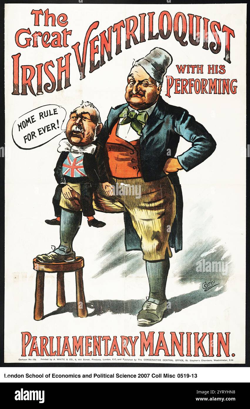 Poster in stile Music hall che mostra John Redmond come un ventriloquo con Bannerman come il suo manichino, bilanciato sul ginocchio Foto Stock