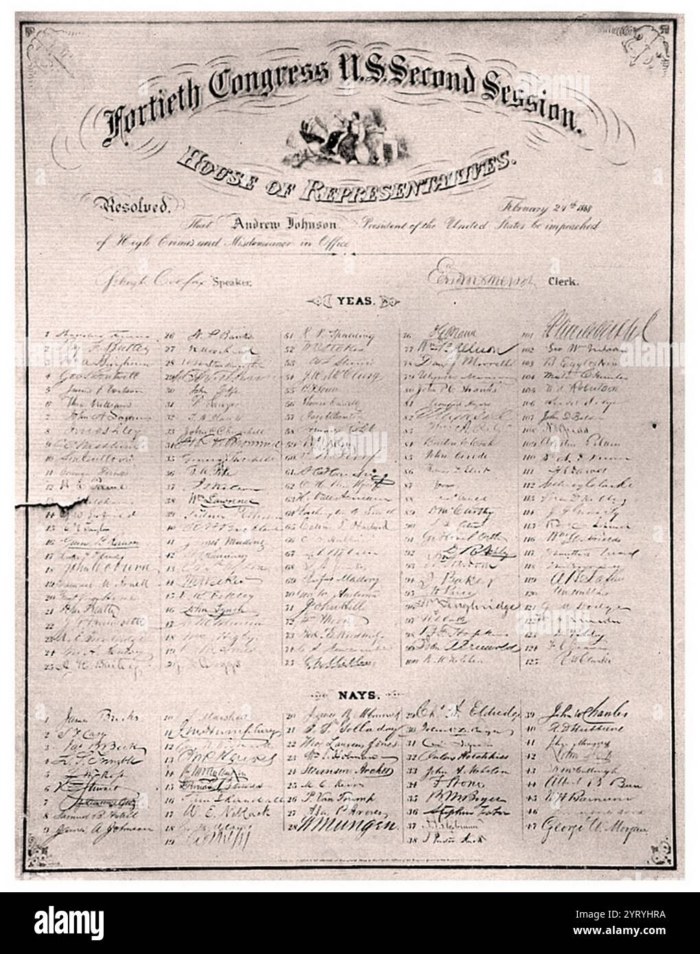 Copia della risoluzione della camera per implorare il presidente Johnson, adottata il 24 febbraio 1868Il processo di impeachment di Andrew Johnson è stato avviato il 24 febbraio 1868, quando la camera dei rappresentanti degli Stati Uniti ha approvato una risoluzione per implorare Andrew Johnson, il diciassettesimo presidente degli Stati Uniti, per "alti crimini e reati". I presunti crimini e reati gravi sono stati specificati in undici articoli di impeachment adottati dalla camera nel 1868. L'accusa principale contro Johnson era che aveva violato il Tenure of Office Act. Nello specifico, che aveva agito per rimuovere dall'ufficio Edwin Stanto Foto Stock