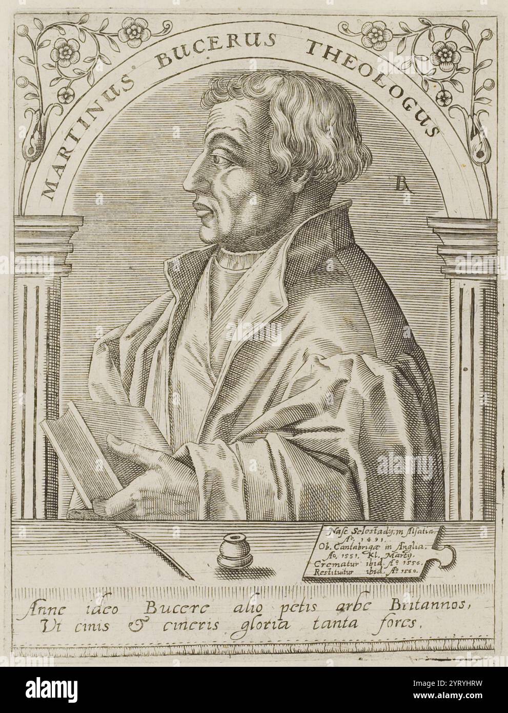 Martin Bucer di Jean-Jacques Boissard (1528?1602). Martin Butzer (1491 anni? 1551) riformatore protestante tedesco con sede a Strasburgo che influenzò le dottrine e le pratiche luterane, calviniste e anglicane. Bucer era originariamente un membro dell'ordine domenicano, ma dopo aver incontrato e influenzato Martin Lutero nel 1518 organizzò l'annullamento dei suoi voti monastici. Ha poi iniziato a lavorare per la riforma Foto Stock