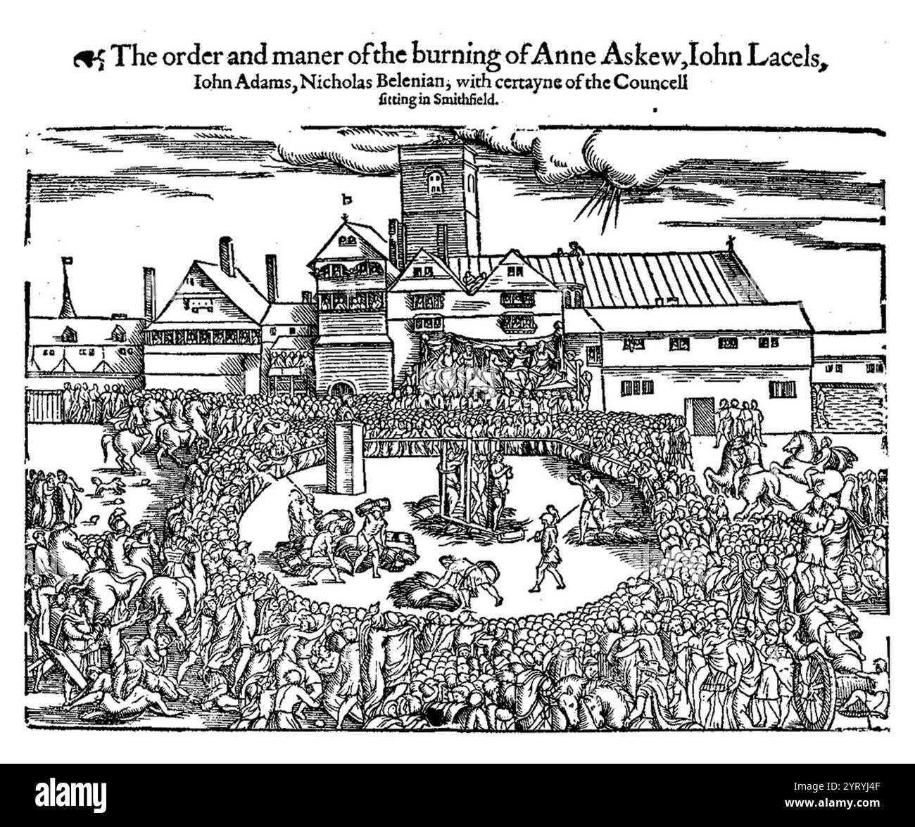 Anne Askew (1521 - 1546), fu uno scrittore, poeta e predicatore protestante inglese che fu condannato come eretico durante il regno di Enrico VIII d'Inghilterra. Incisione dell'incendio di Anne Askew a Smithfield nel 1546 Foto Stock