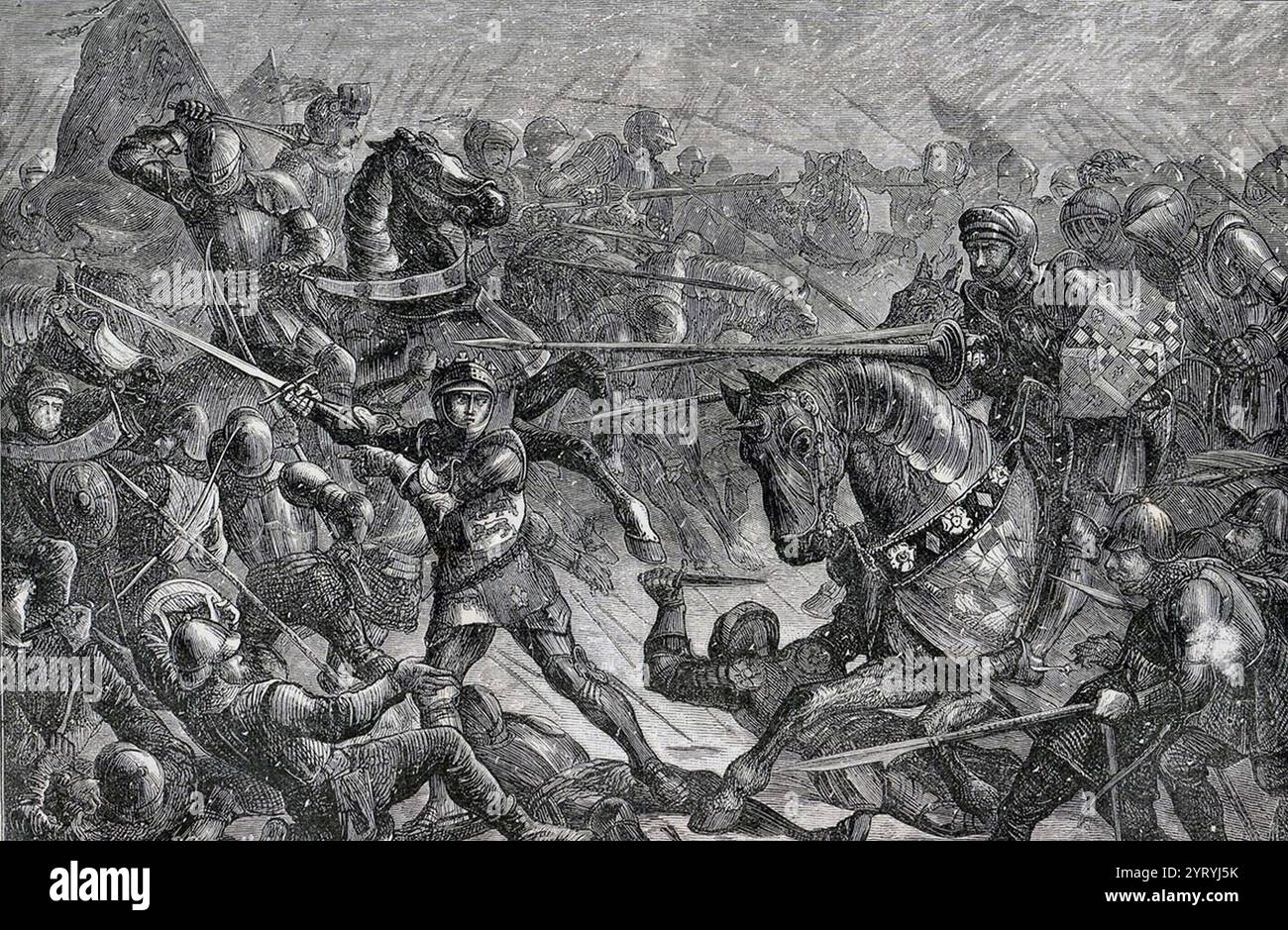 La seconda battaglia di St Albans fu combattuta il 17 febbraio 1461 durante la Guerra delle due rose a St Albans, Hertfordshire. L'esercito della fazione Yorkista, al comando del conte di Warwick, tentò di bloccare la strada per Londra a nord della città. L'esercito rivale dei Lancaster usò una manovra di aggiramento per prendere Warwick di sorpresa. I vincitori liberarono anche re Enrico vi, che era stato prigioniero di Warwick, dalla sua prigionia. Foto Stock