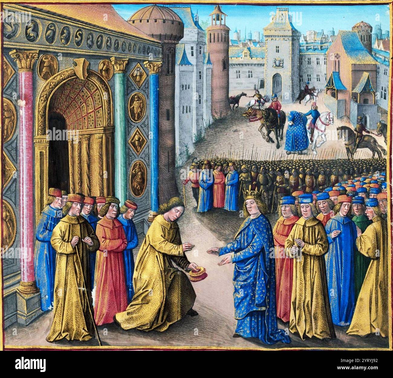 Raimondo di Poitiers dà il benvenuto a Luigi VII ad Antiochia.1136. Jean Colombe illustrazione per Les Passages d'oultre mer de S'bastien Mamerot, 1473-1474. Foto Stock