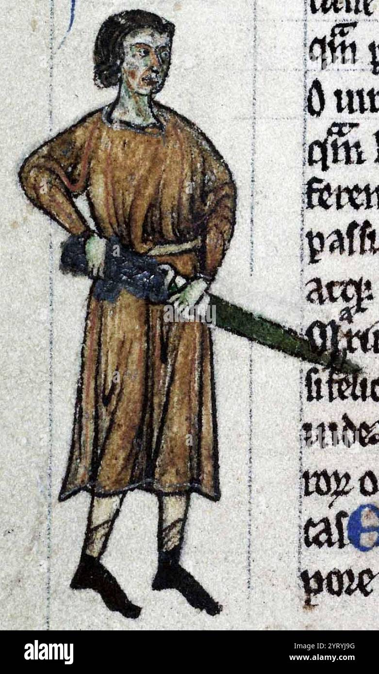 Robert Fitzstephen, raffigurato nell'Expugnatio Hibernica di Gerald de Barri (1189). FitzStephen (morto nel 1183) fu un soldato cambro-normanno, uno dei capi dell'invasione normanna dell'Irlanda, per la quale gli furono concesse vaste terre in Irlanda. Gli irlandesi lanciarono una controffensiva nell'estate del 1171. Dublino fu assediata da un grande esercito sotto il comando del re d'Irlanda, la Ruadhr? UA Conchobhair. Fitzstephen inviò le sue truppe migliori per assistere la guarnigione assediata di Dublino, tuttavia ciò lasciò Wexford vulnerabile all'attacco. Mancando la forza di difendere la città, Fitzstephen si ritirò a Carrick Foto Stock
