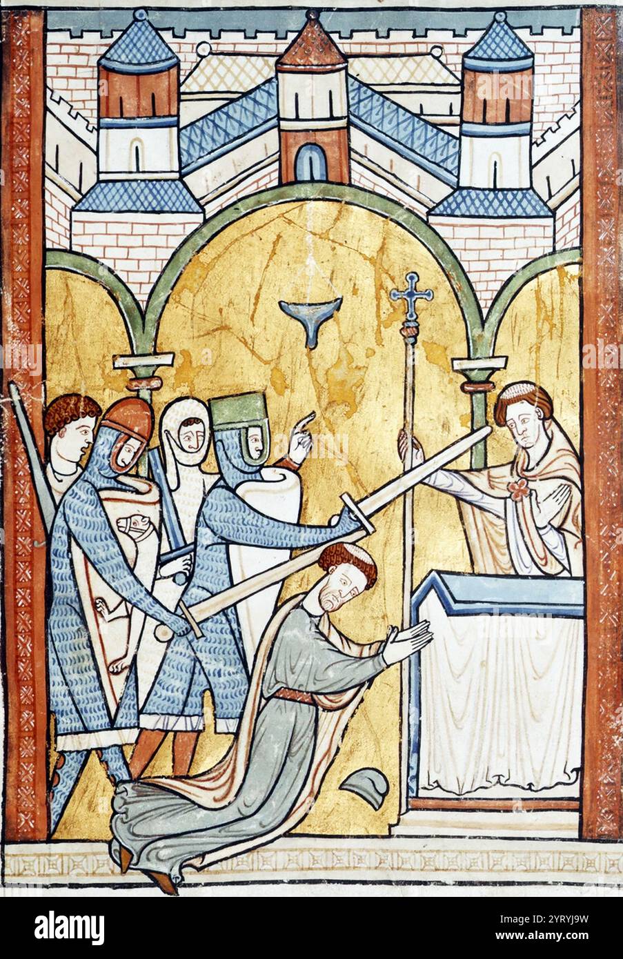 Omicidio di Thomas Becket che mostra la morte di Becket. I cavalieri sono ritratti, con le loro armi sollevate. La mano di Dio appare dal cielo. Becket fu nominato arcivescovo di Canterbury nel 1162. Il suo rapporto con il re si deteriorò, portando all'omicidio di Becket nella cattedrale di Canterbury da parte di quattro cavalieri del re il 29 dicembre 1170. Foto Stock