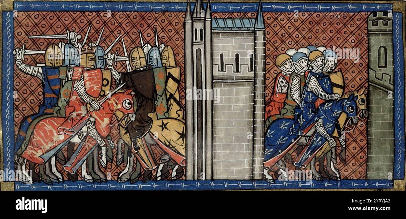 Re Giovanni d'Inghilterra in battaglia con i Franchi (a sinistra), il principe Luigi VIII di Francia nella marcia (a destra). (British Library, Royal 16 G vi F. 385) Foto Stock